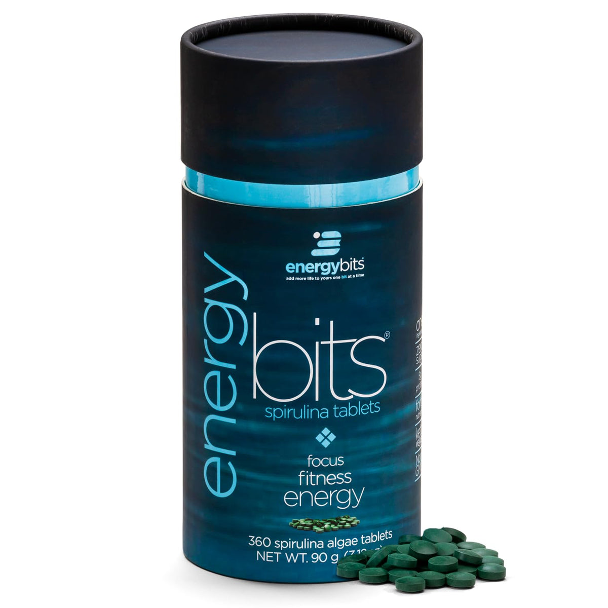 ENERGYBITS – Bouteille de comprimés de spiruline, énergie durable et concentration naturelle.