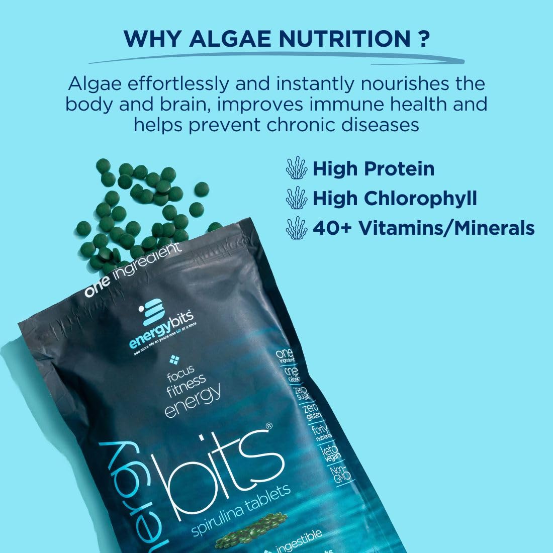 Tablette ENERGYBITS spiruline vue en détail avec sa forme compacte.