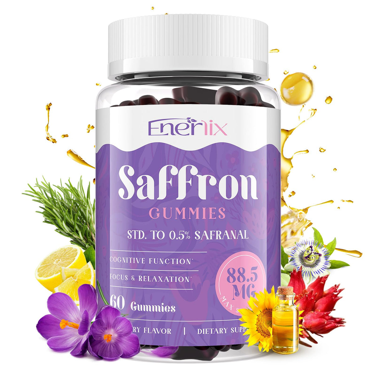 Enerlix Gomme Safran bouteille — soutien potentiel à l'humeur et à la concentration.
