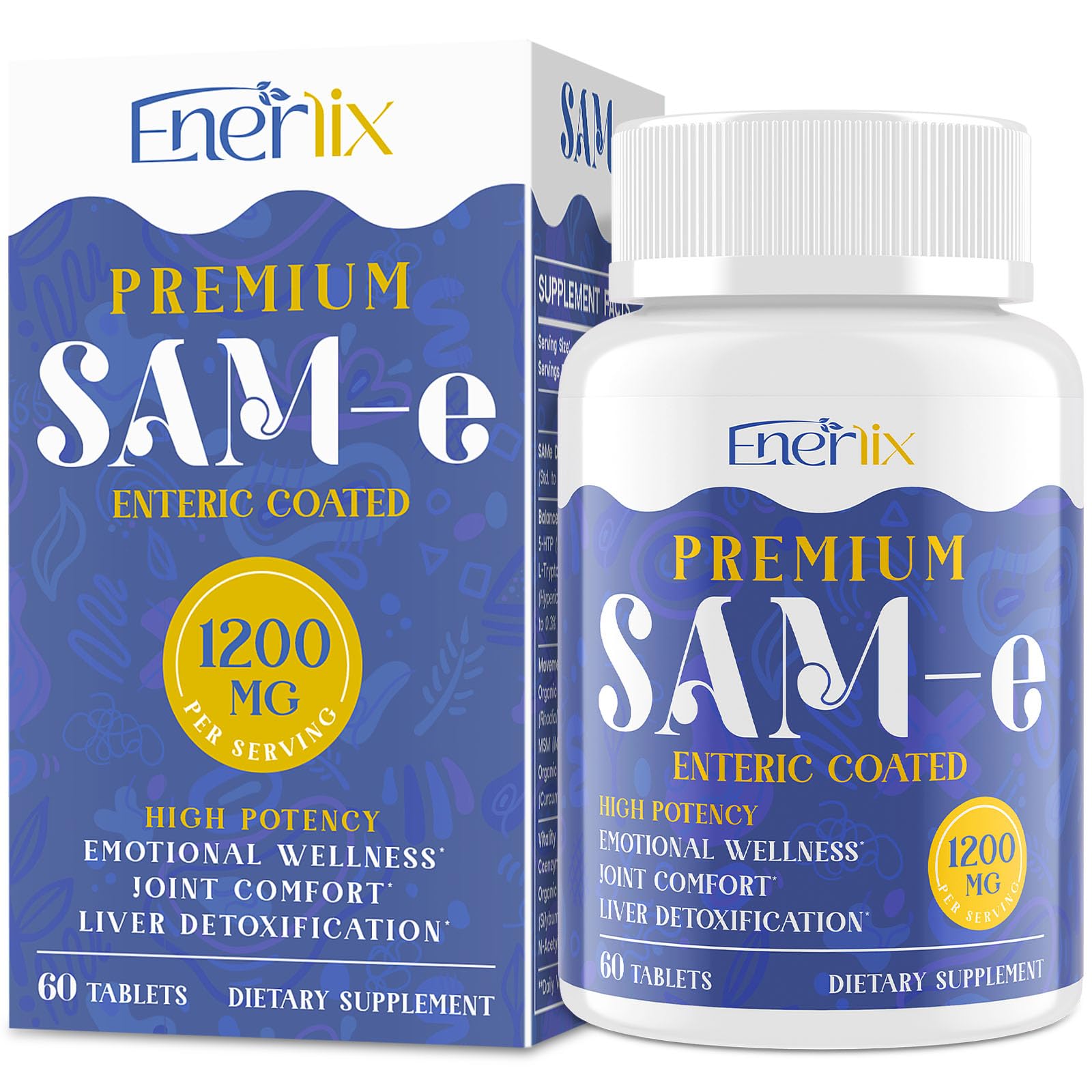 Enerlix SAM-e et comprimés enteriques en boîte, absorption améliorée pour le bien-être.