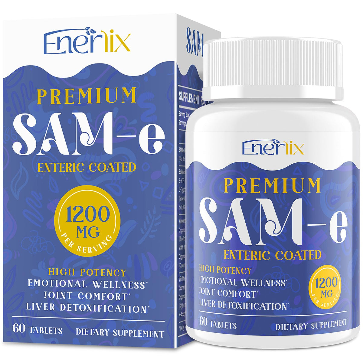 Enerlix SAM-e et comprimés enteriques en boîte, absorption améliorée pour le bien-être.