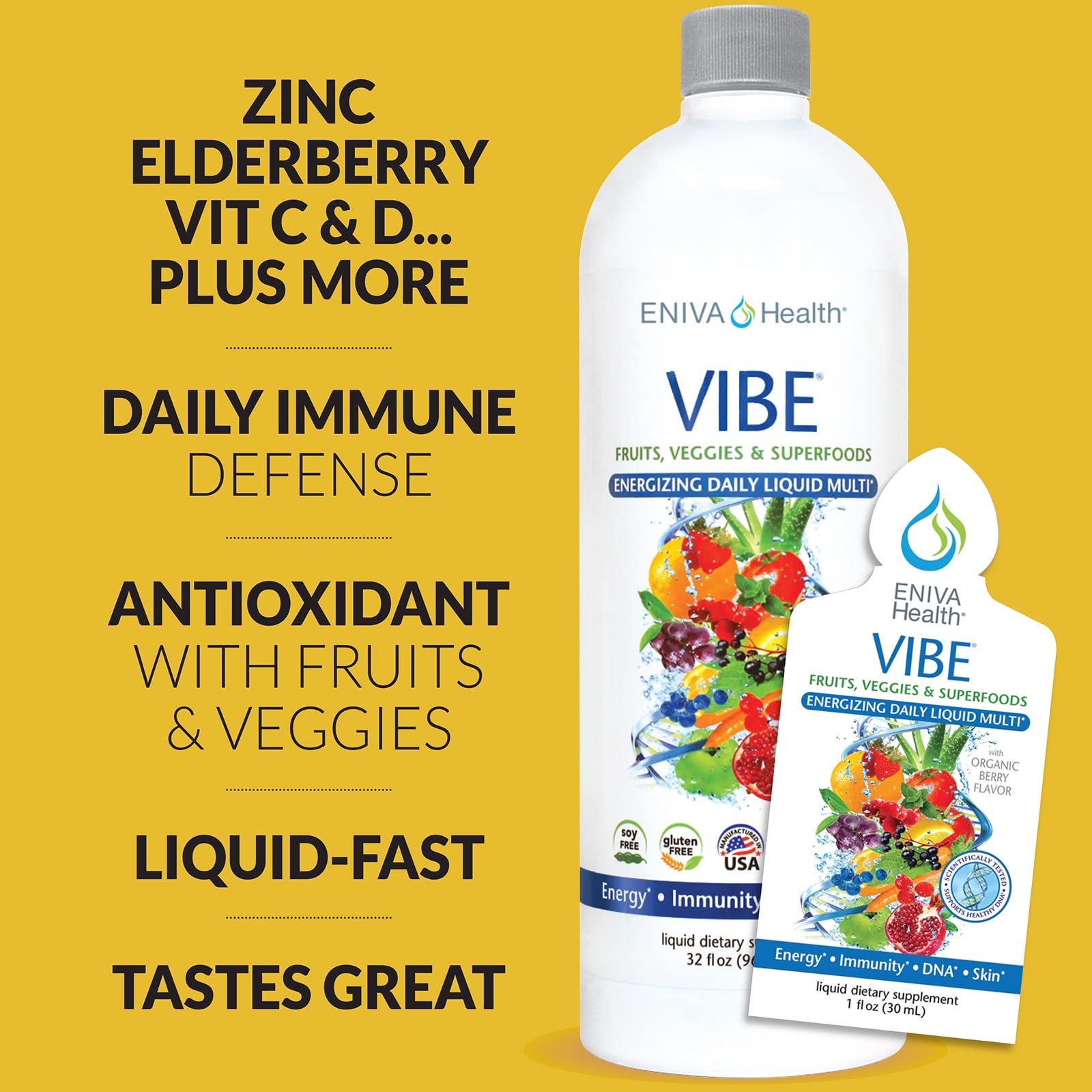 Eniva Health Vibe, flacon et étiquette lisibles des ingrédients naturels