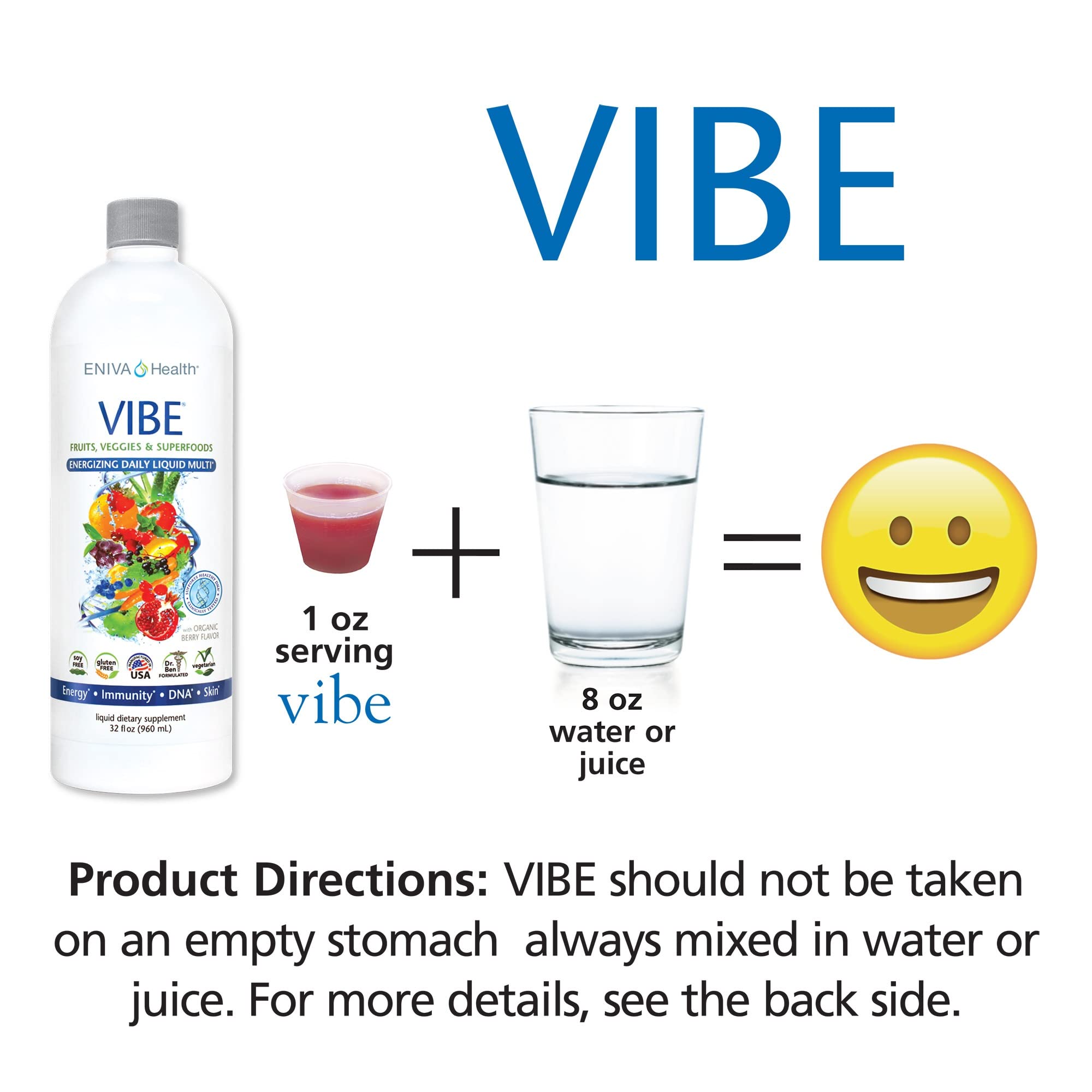 Eniva Health Vibe, ingrédients fruits et légumes; mélange naturel de 32 fruits et légumes