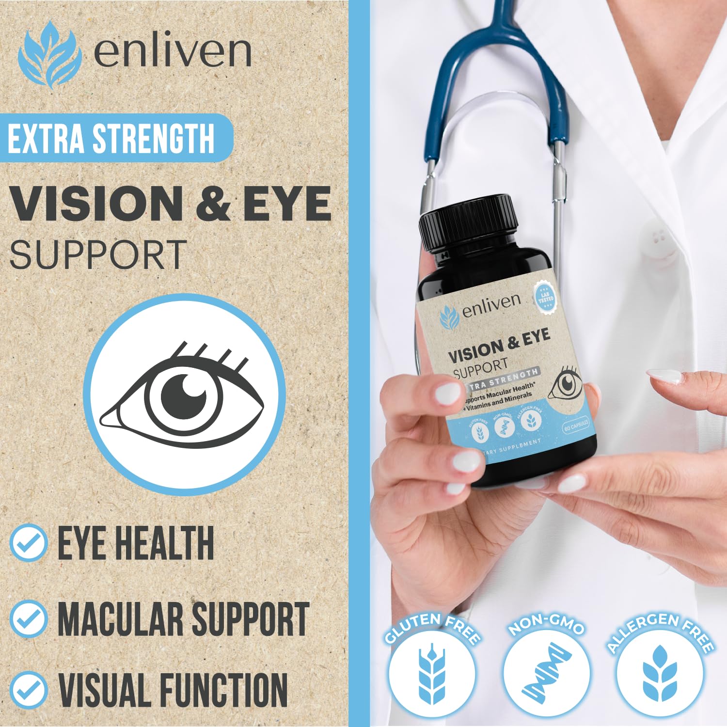 Capsules Enliven soutiennent les yeux avec antioxydants pour le confort visuel.