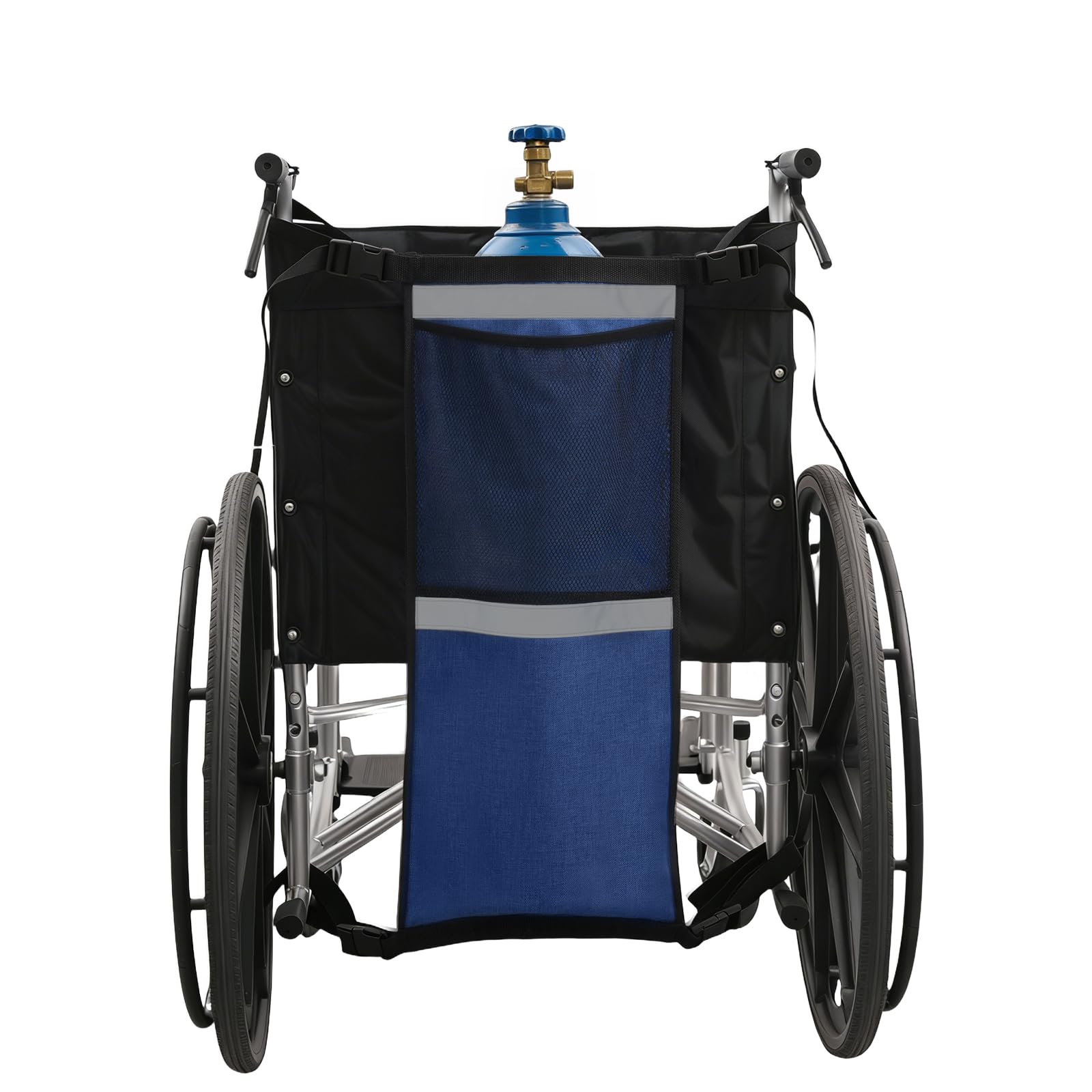 Porte-cylindre ENLUNTRA fixé sur fauteuil roulant pour transport stable.