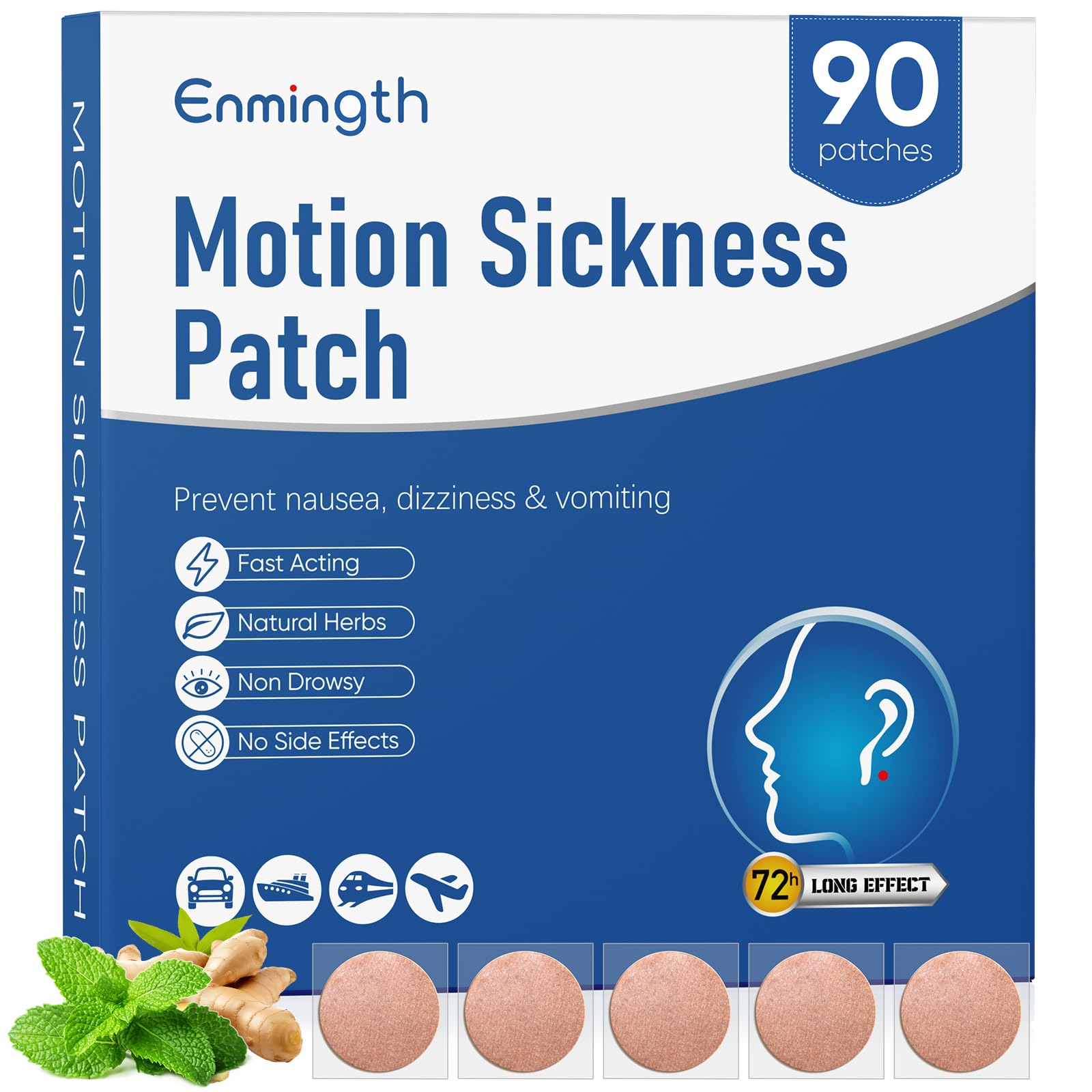 Patch hydrocolloïde Enmingth derrière l'oreille, soulage le mal de mer sans somnolence.