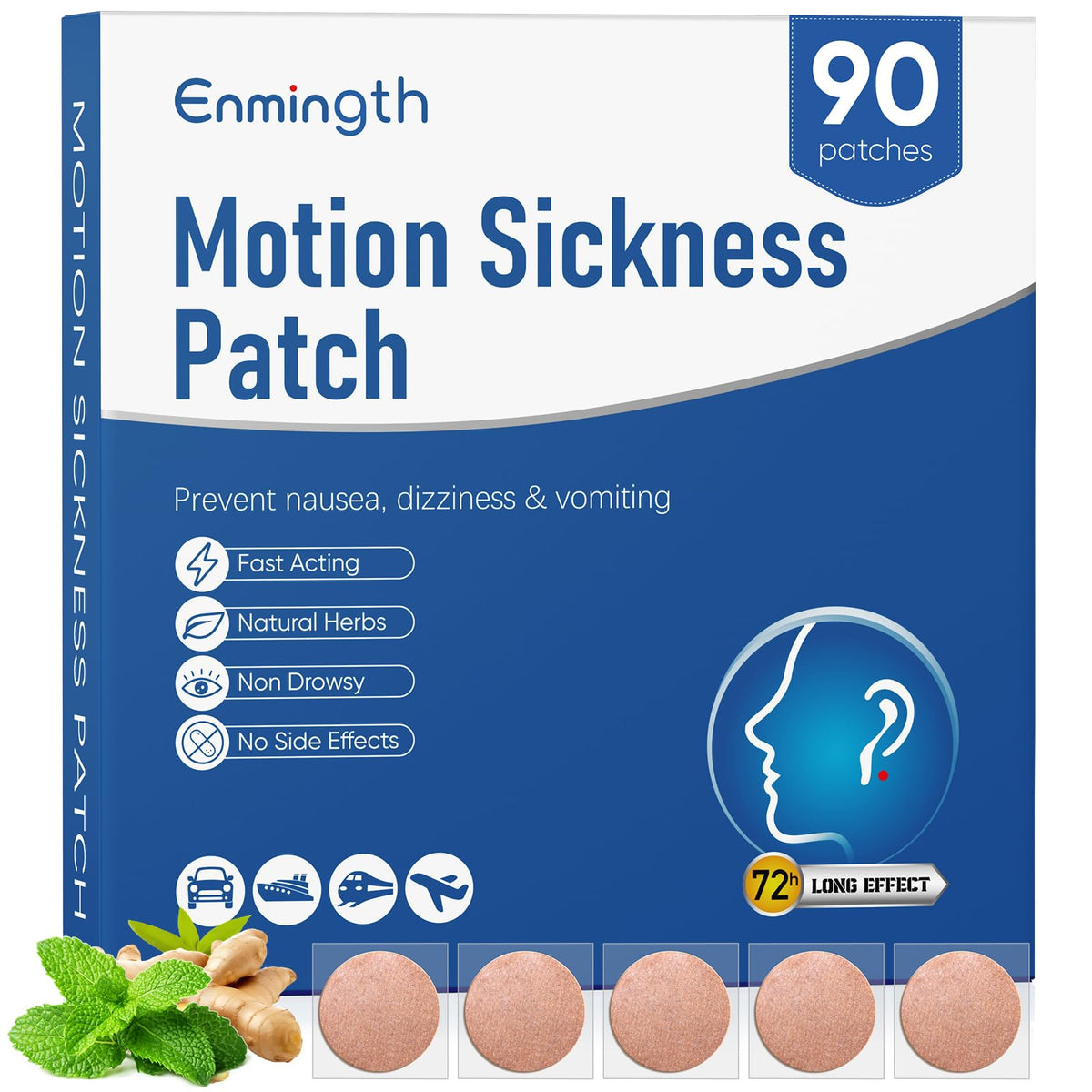 Patch hydrocolloïde Enmingth derrière l'oreille, soulage le mal de mer sans somnolence.