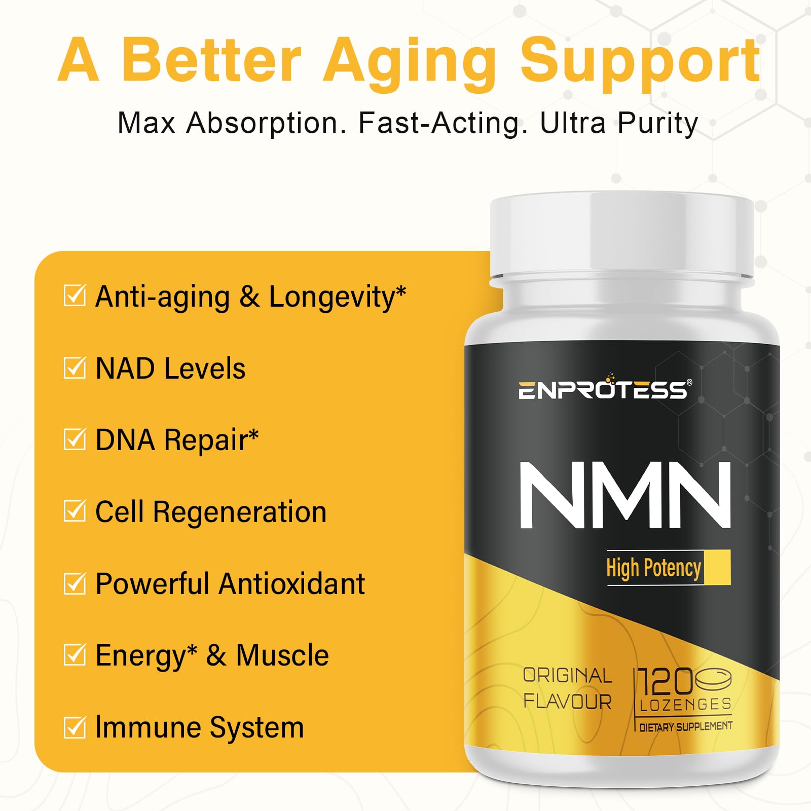 Enprotess pastilles sublinguales NMN 500mg - absorption sous-langue rapide et efficace