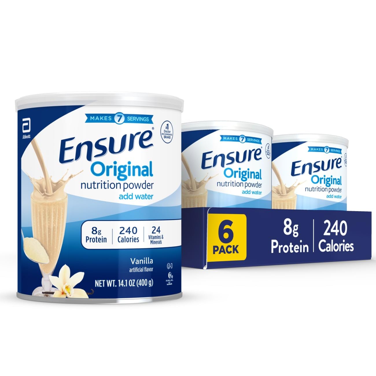 Ensure Original vanille: poudre nutritionnelle apportant protéines et vitamines.