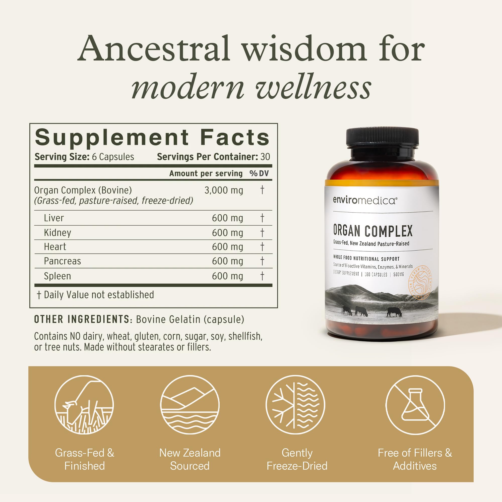 Enviromedica Ensemble d'organes bovins, profil nutritionnel complet.