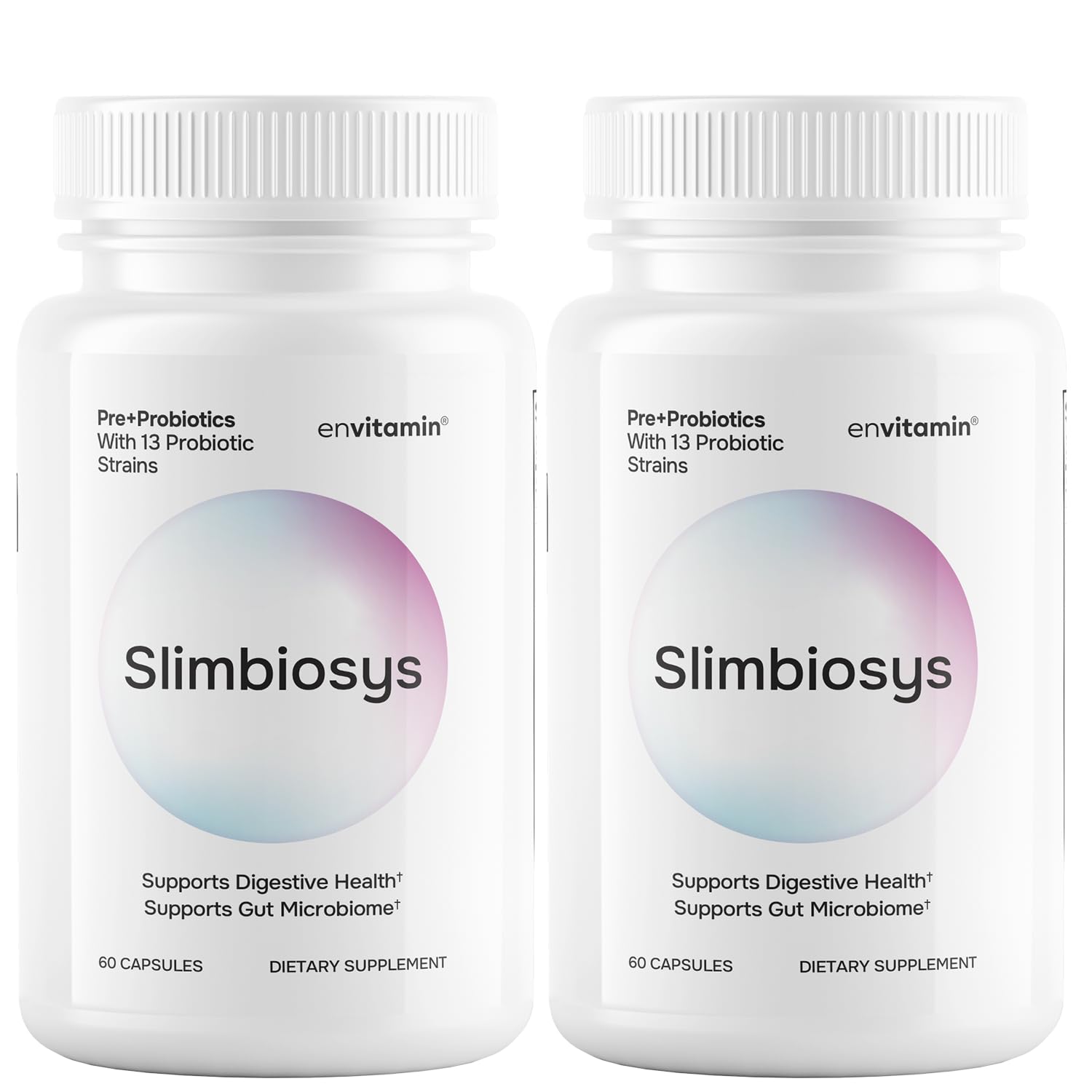 Envitamin Slimbiosys bouteille avec capsules, soutien quotidien du microbiome.