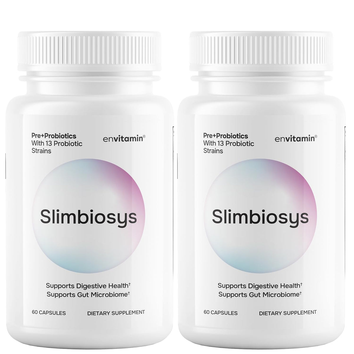 Envitamin Slimbiosys bouteille avec capsules, soutien quotidien du microbiome.