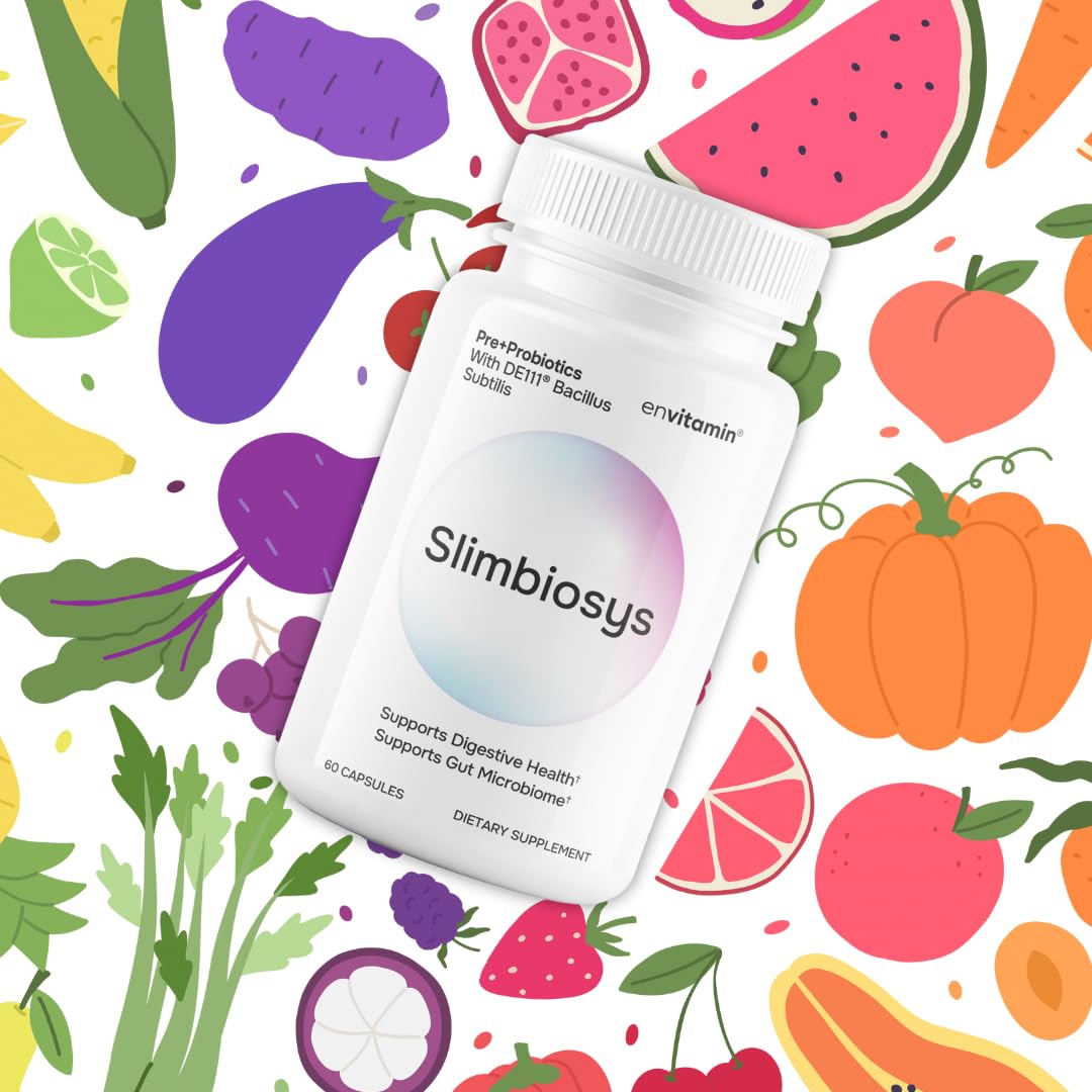 Envitamin Slimbiosys étiquette sur l'emballage: informations claires sur les prébiotiques et probiotiques.