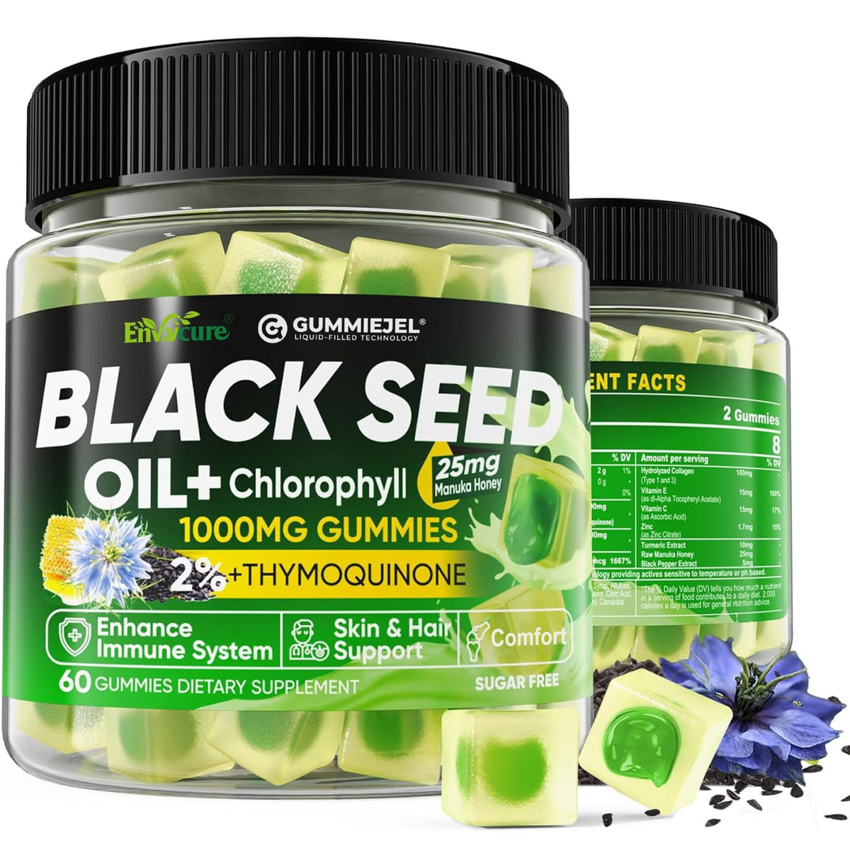 Gummies EnvyCure huile nigelle dans le flacon, absorption optimisée des nutriments.
