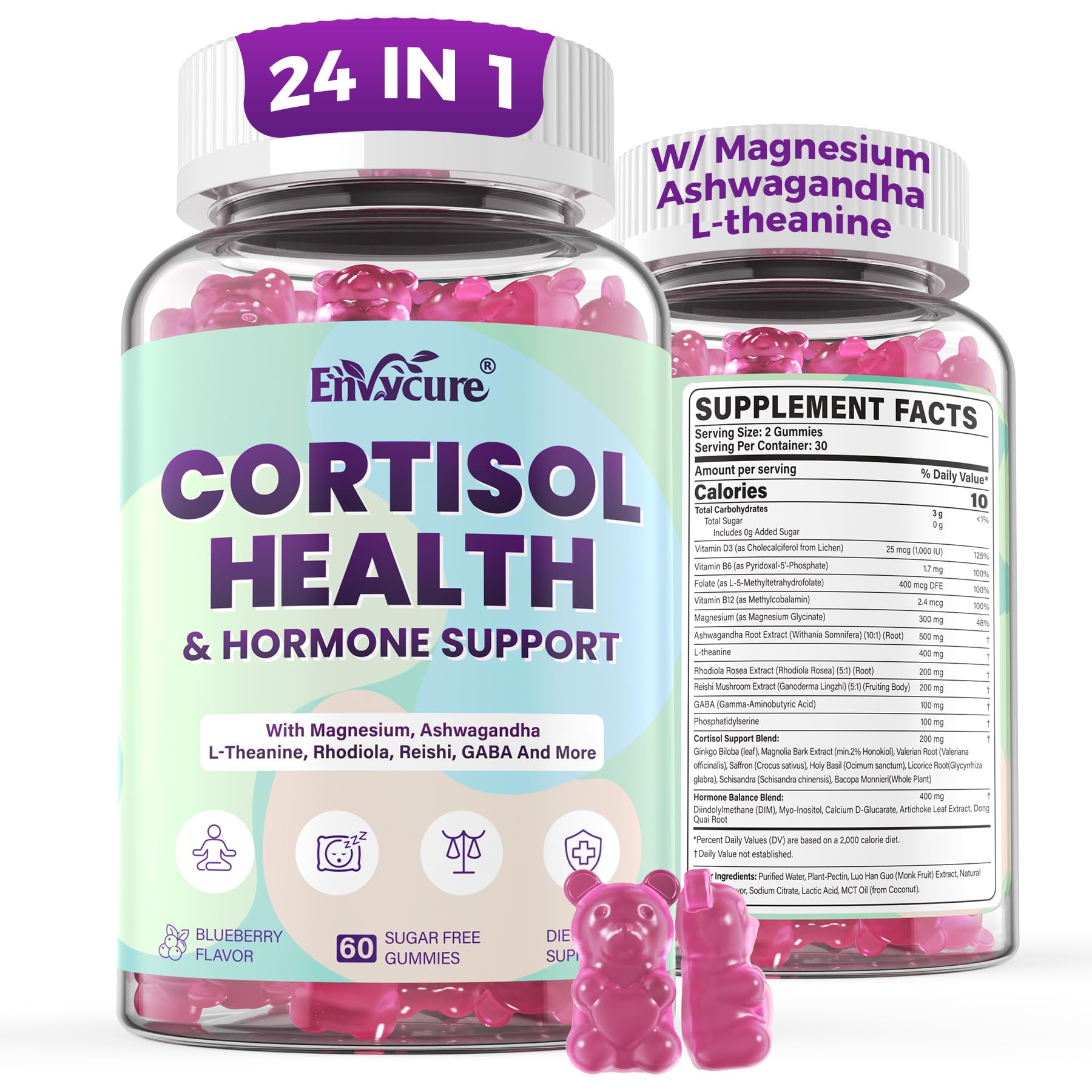 EnvyCure Cortisol Gummies dans la bouteille, détente potentielle.