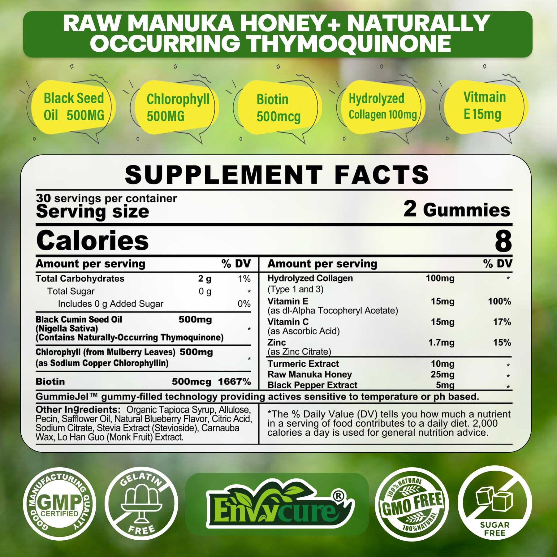 Gummies chlorophylle EnvyCure en verre, soutien à l'équilibre intérieur.