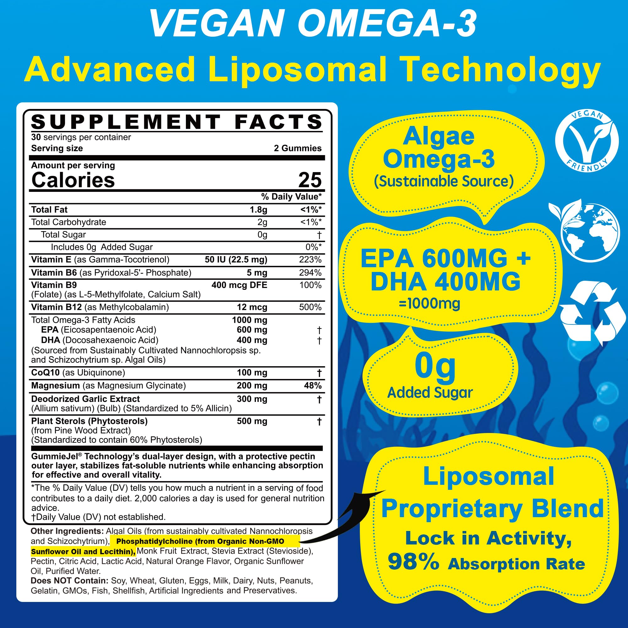 EnvyCure Oméga-3 gummies, ingrédients visibles, source végétale durable.