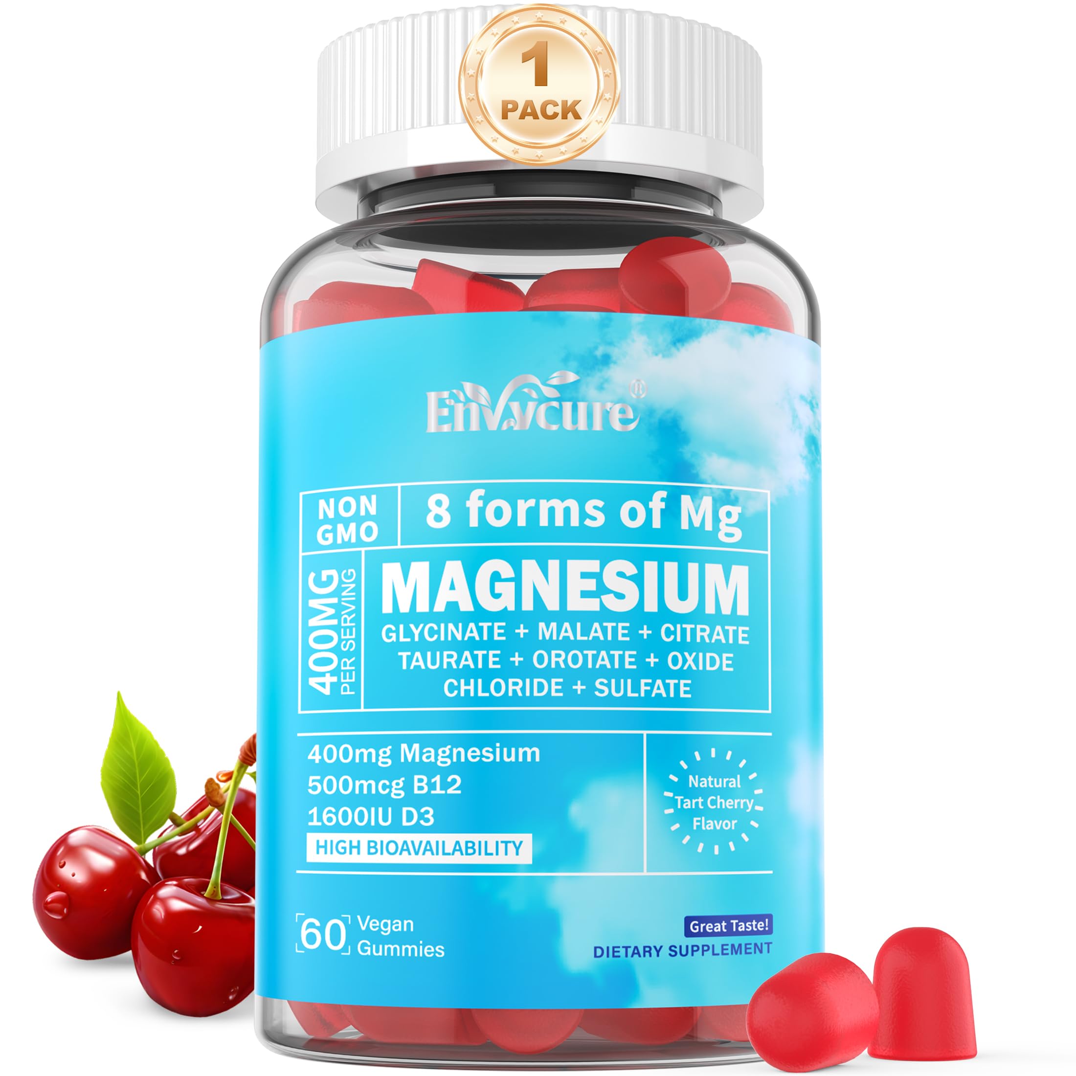 Gommes EnvyCure Magnésium Complex dans une bouteille, douceur et sommeil potentiel.