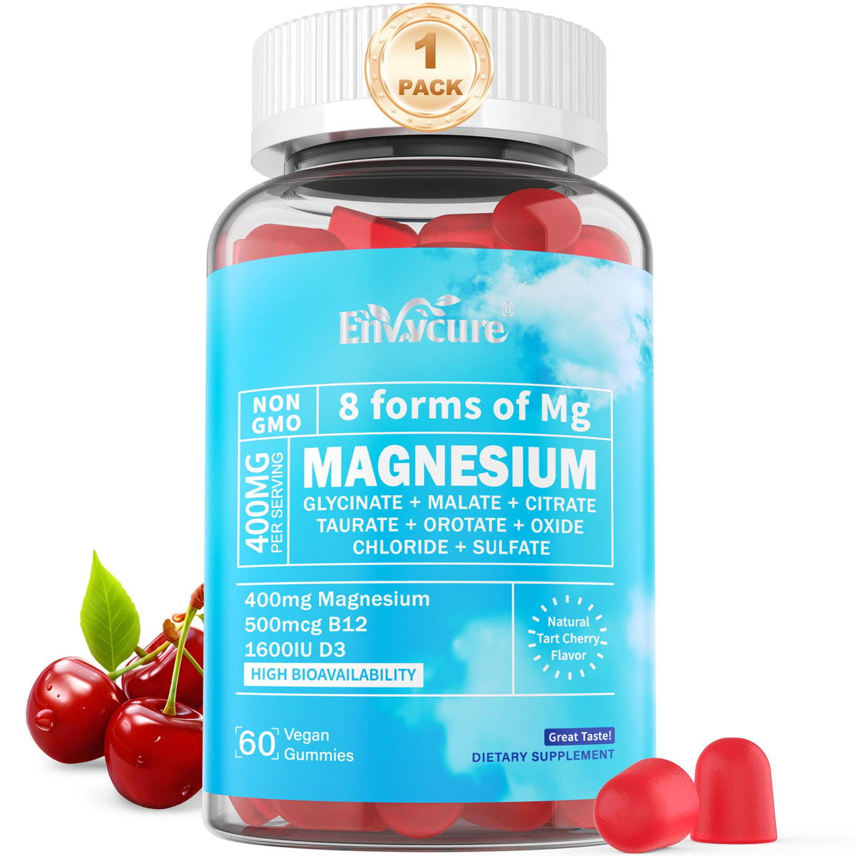 Gommes EnvyCure Magnésium Complex dans une bouteille, douceur et sommeil potentiel.