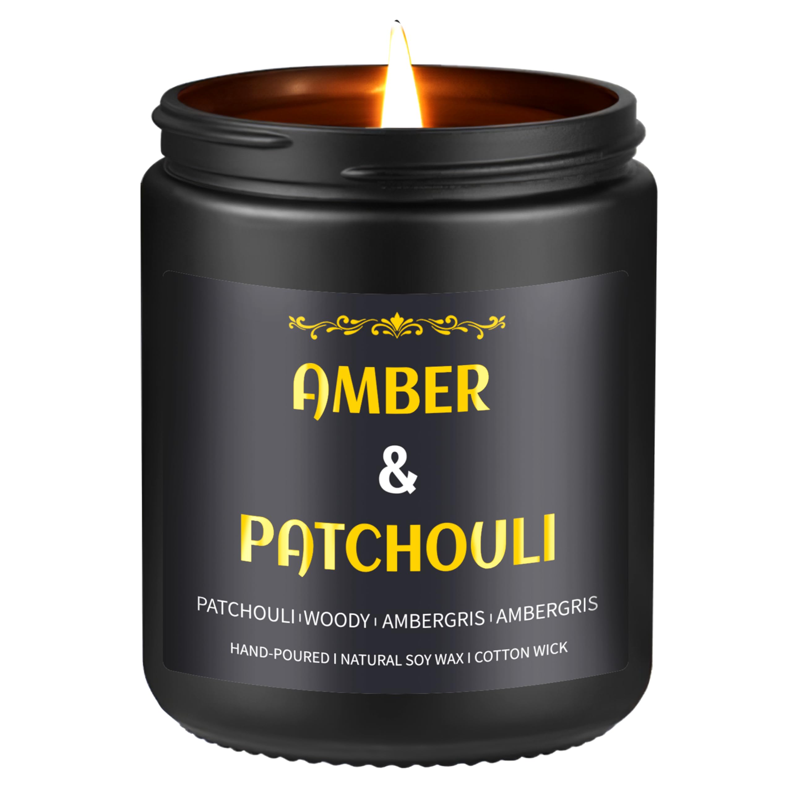 Enwhisco Amber Patchouli bougie noire doree pour une ambiance masculine raffinée.