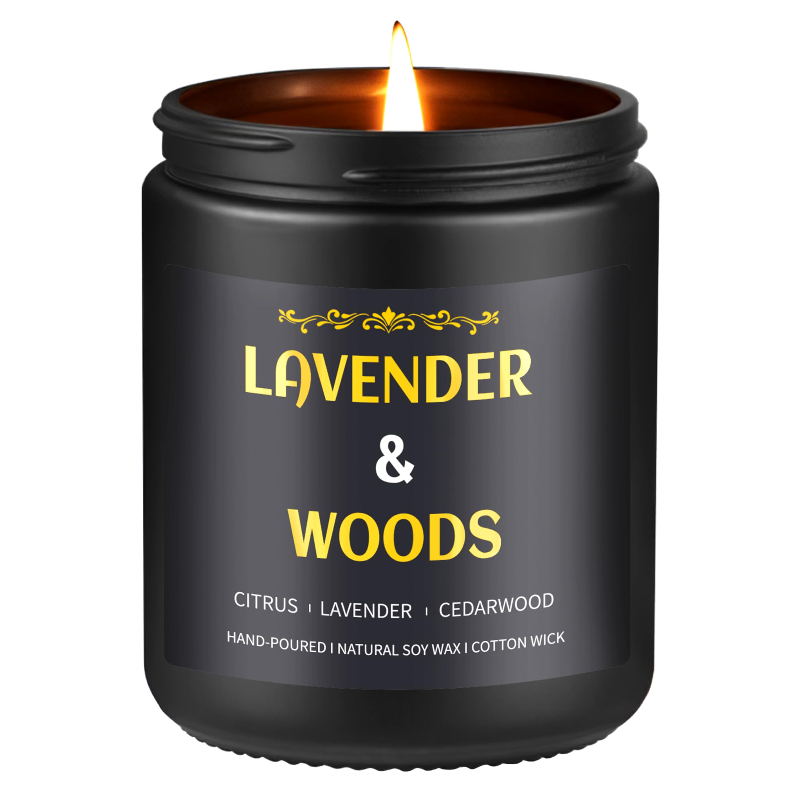 Bougie Enwhisco Lavande Bois – pot noir doré, parfum durable pour le salon.