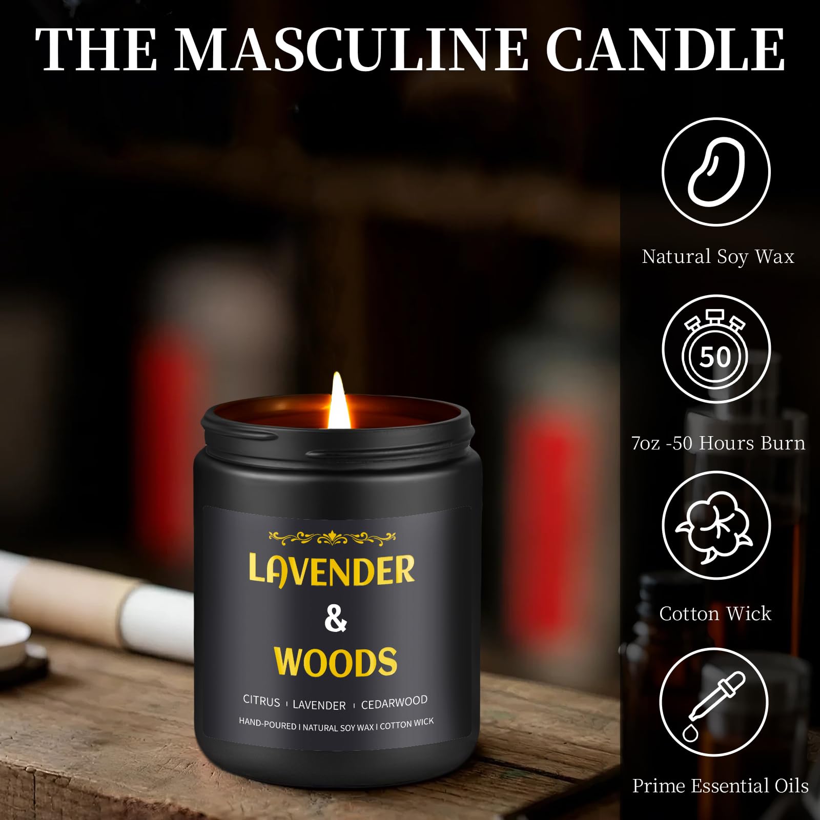 Bougie Enwhisco Lavande Bois – flamme stable et combustion lente pour une ambiance durable.