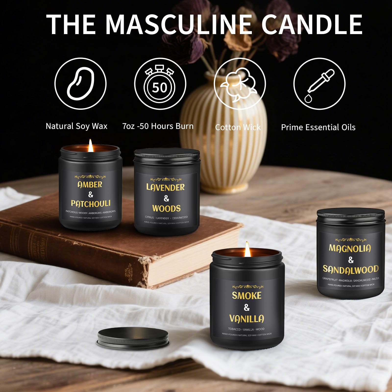 Coffret Enwhisco de quatre bougies, cadeau masculin élégant.