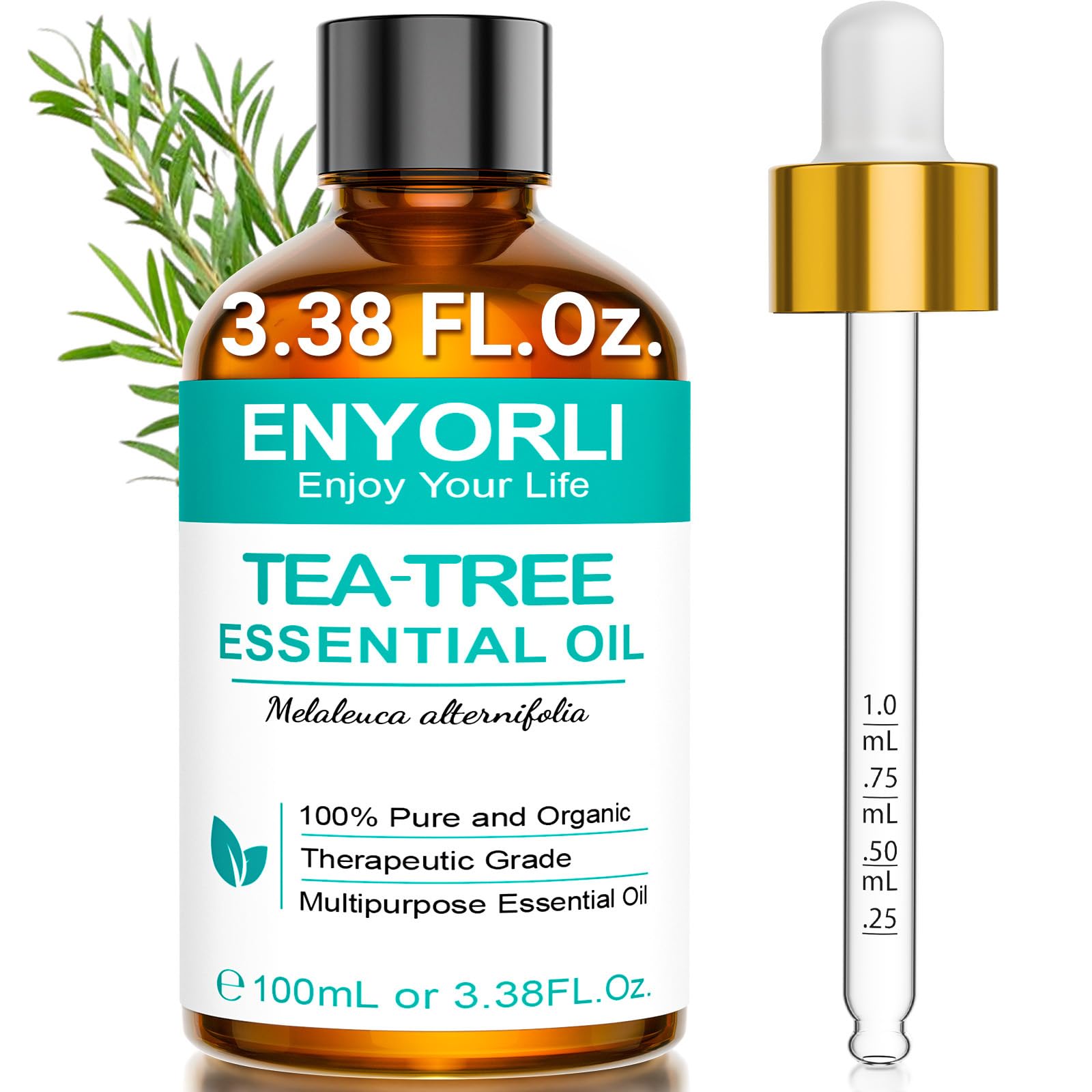 ENYORLI Tea Tree – flacon ambré; pratique pour soins peau et cheveux.