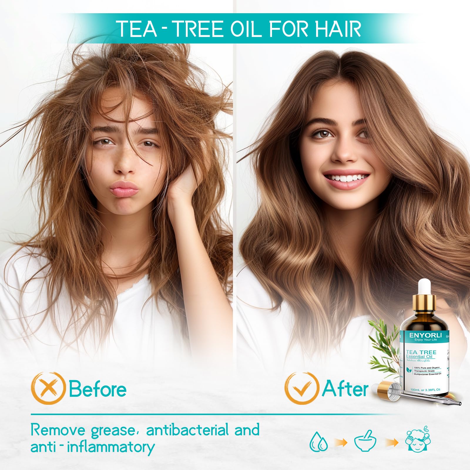 ENYORLI Tea Tree – soin cuir chevelu et cheveux après dilution.