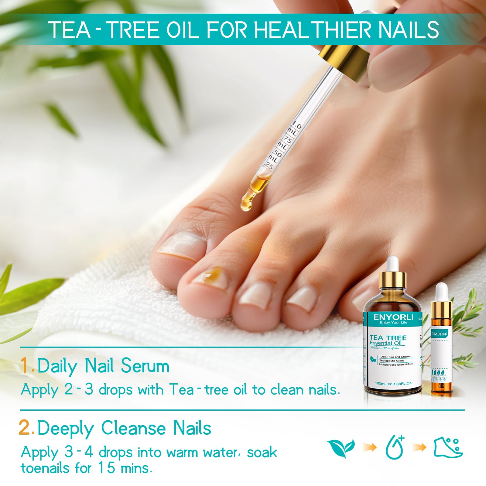 ENYORLI Tea Tree – soin des ongles et cuticules après application diluée.