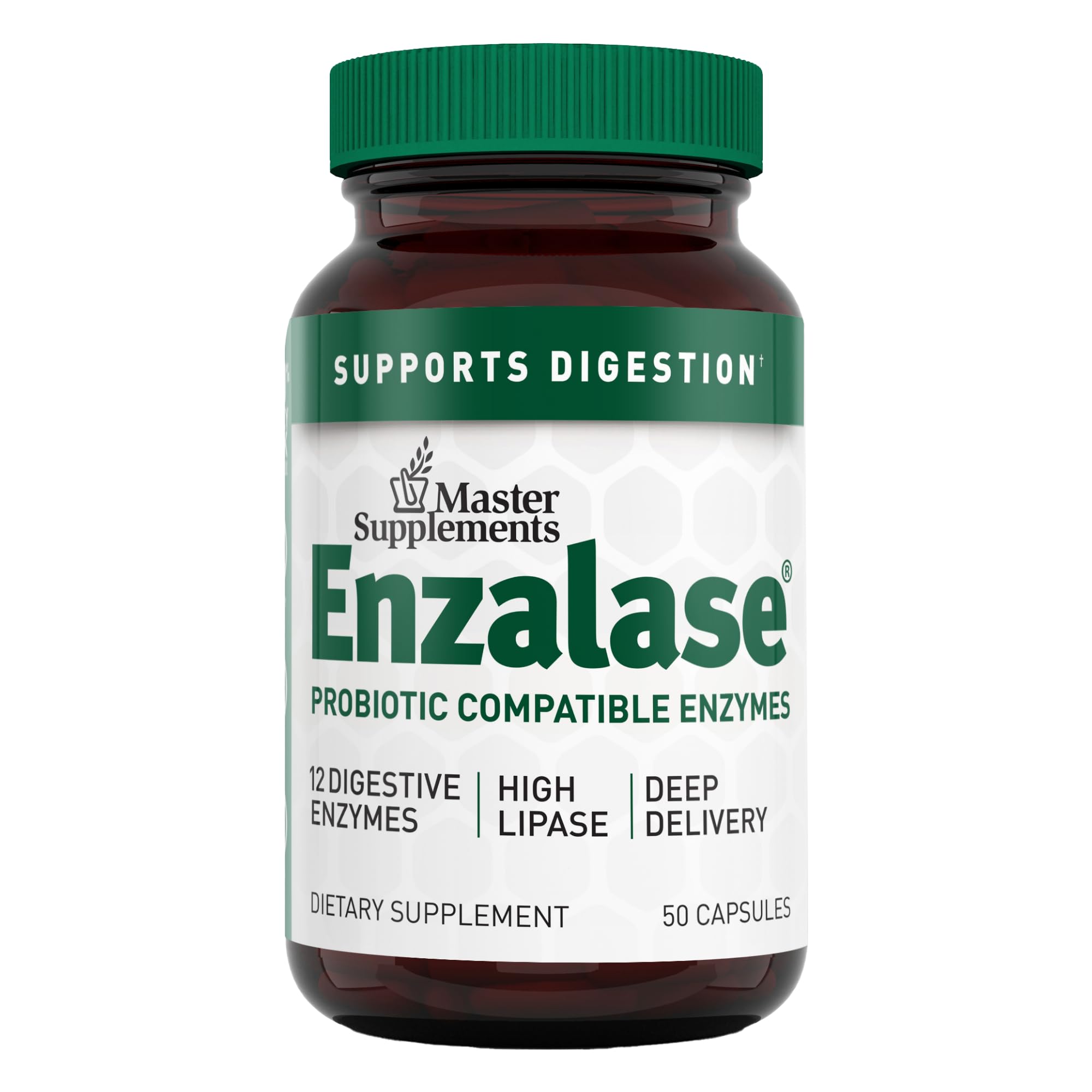 Enzalase, bouteille 50 capsules, soutient potentiellement la digestion grâce aux enzymes.