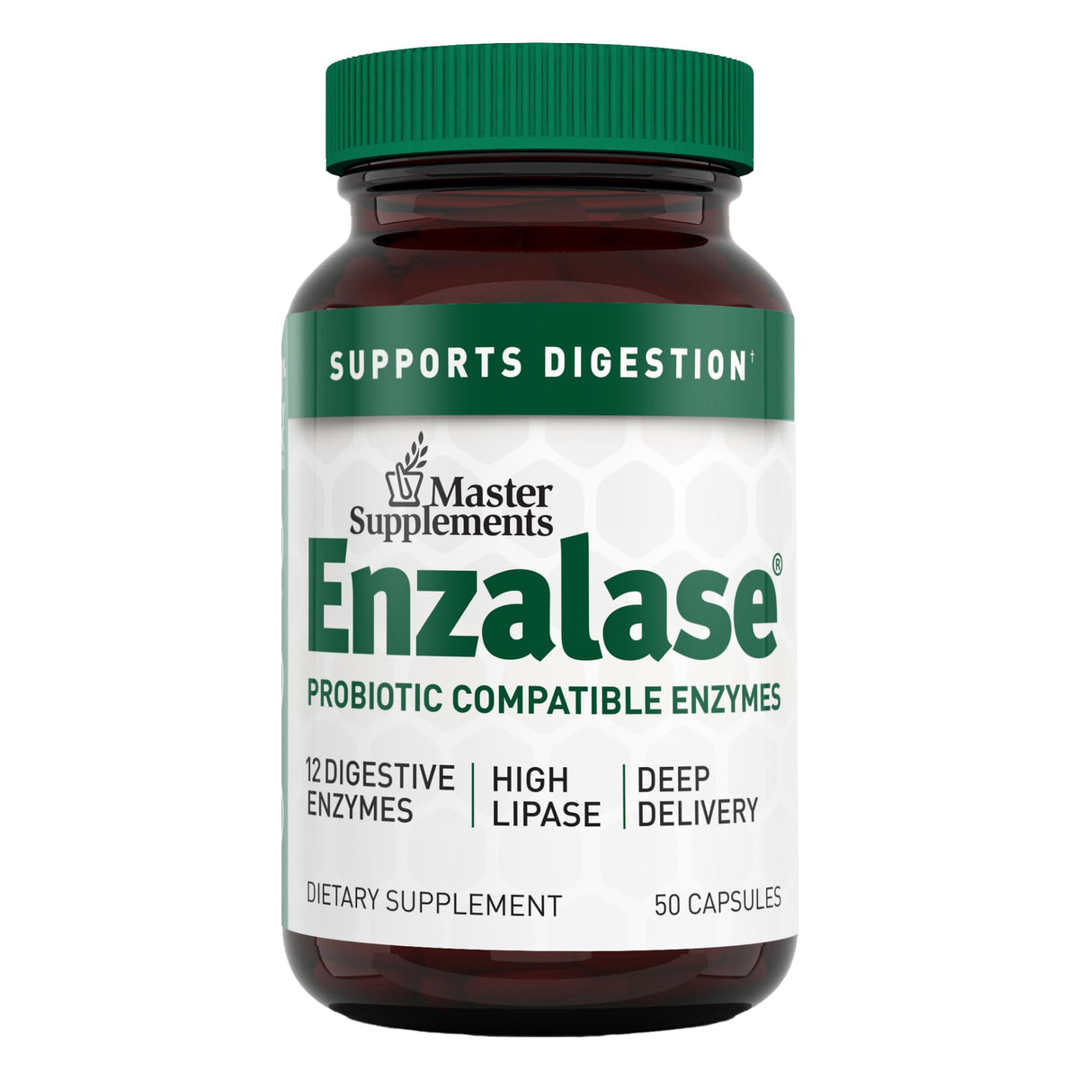 Enzalase, bouteille 50 capsules, soutient potentiellement la digestion grâce aux enzymes.