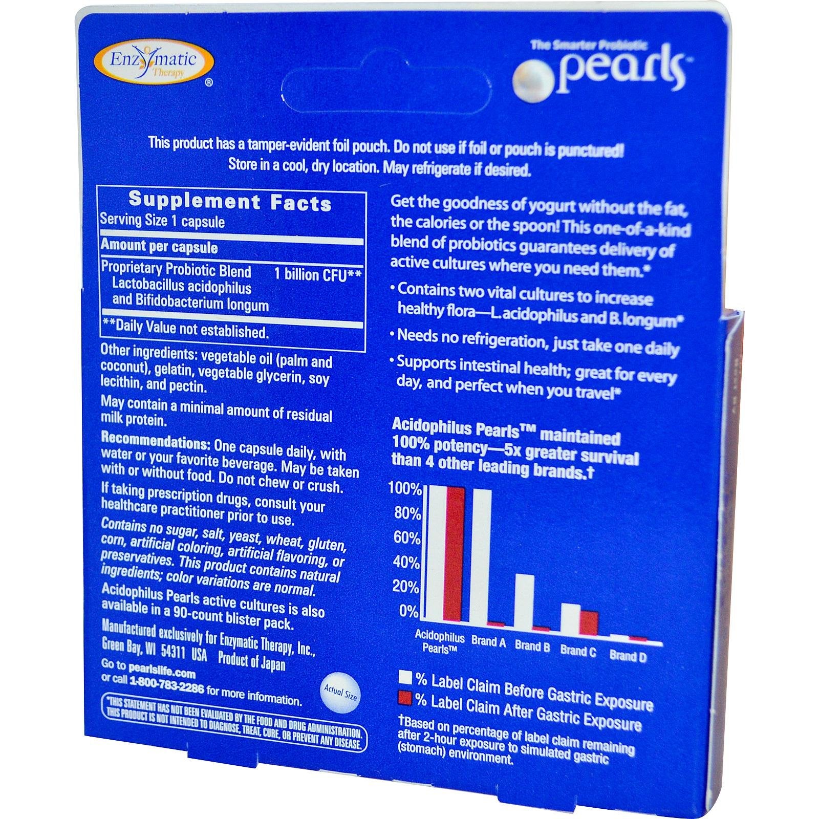 Acidophilus Pearls d'Enzymatic Therapy, utilisation quotidienne simple pour le confort intestinal.