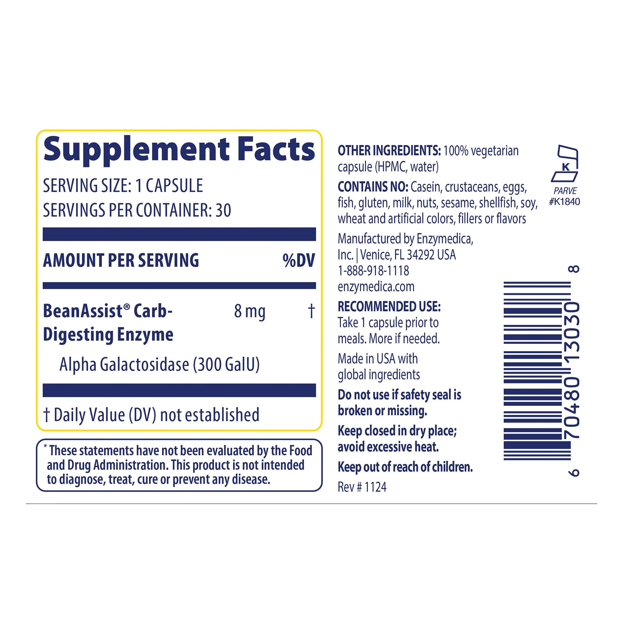 BeanAssist d'Enzymedica: digestif rapide au repas pour les légumineuses.