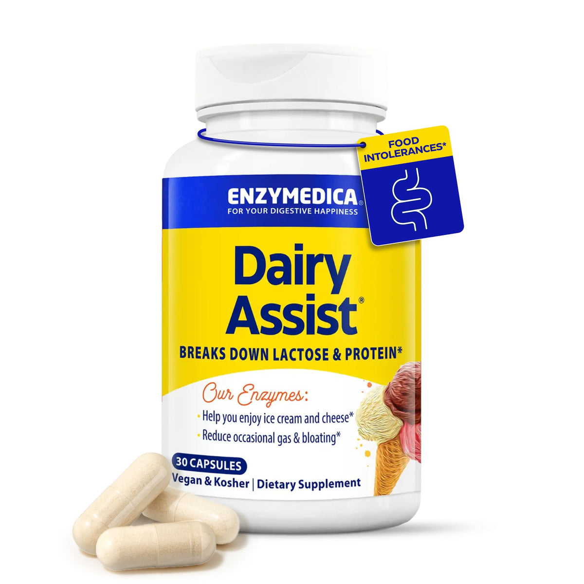 DairyAssist d'Enzymedica : boîte et étiquette visibles, pratique pour les produits laitiers.