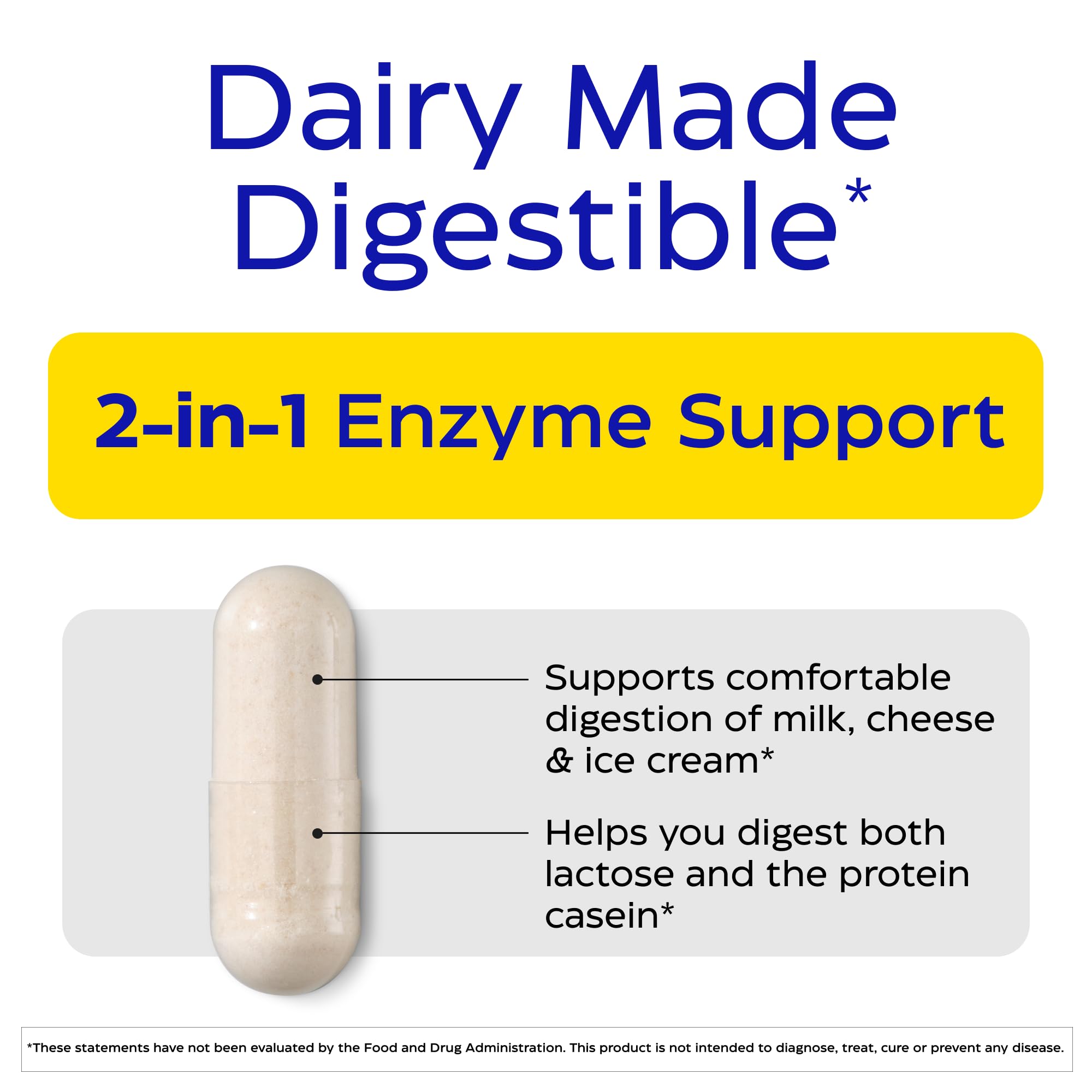 Capsules Enzymedica DairyAssist, visibles et faciles à prendre pour la digestion du lactose et de la caséine.