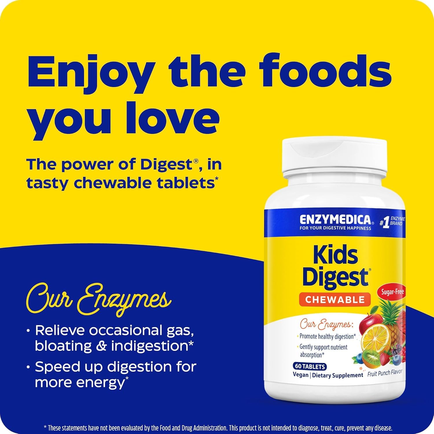 Enzymedica Kids Digest – enfant souriant avec une gomme au goût fruit-punch.