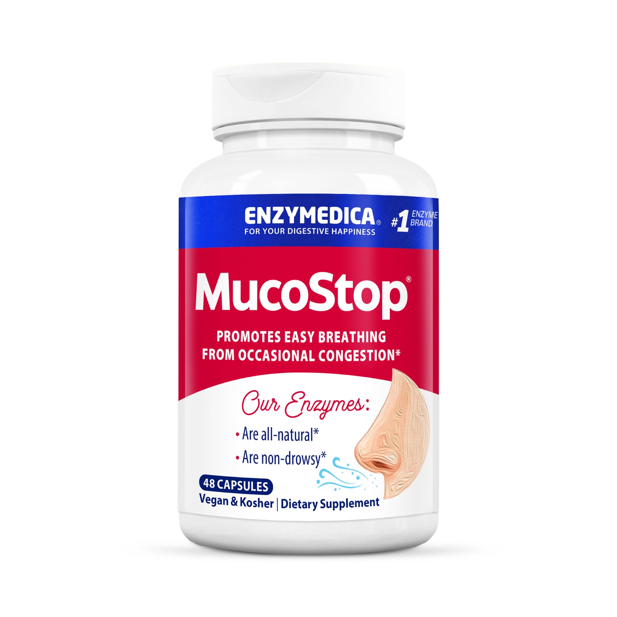 MucoStop d’Enzymedica – bouteille visible, soutien naturel à la respiration au quotidien.