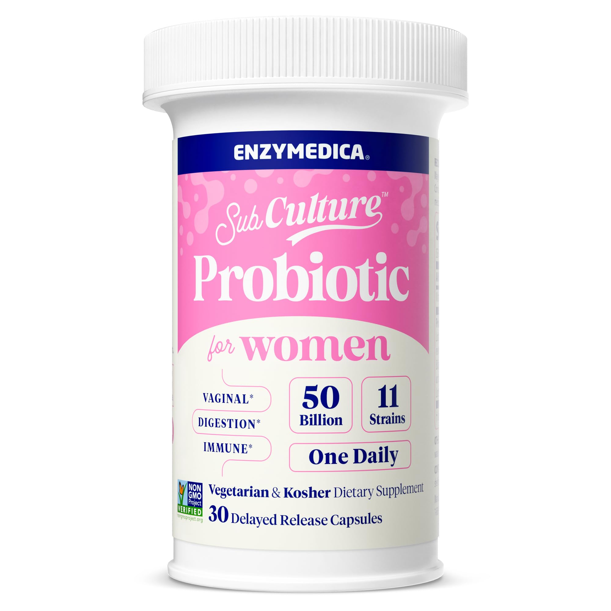 Enzymedica SubCulture pour femmes, bouteille de capsules, soutien potentiel à l'équilibre vaginal.