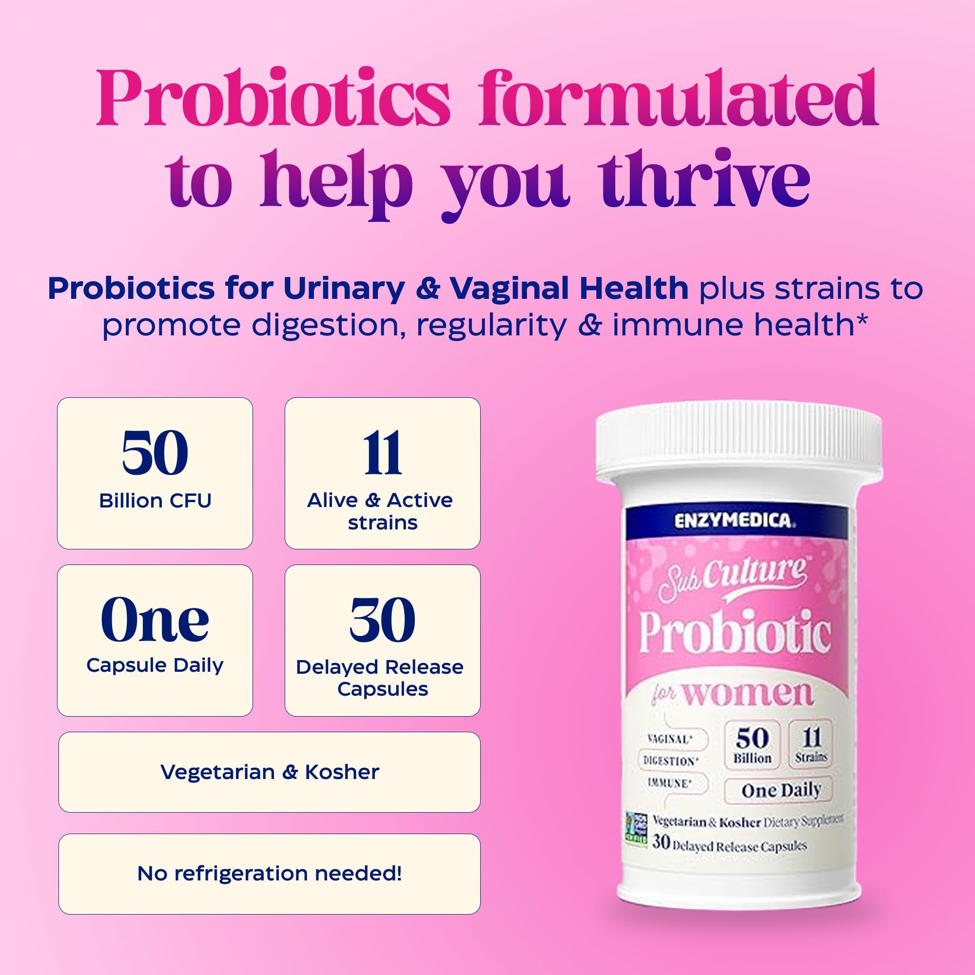 Enzymedica SubCulture Lactobacillus GR-1 et RC-14, soutiens potentiels.
