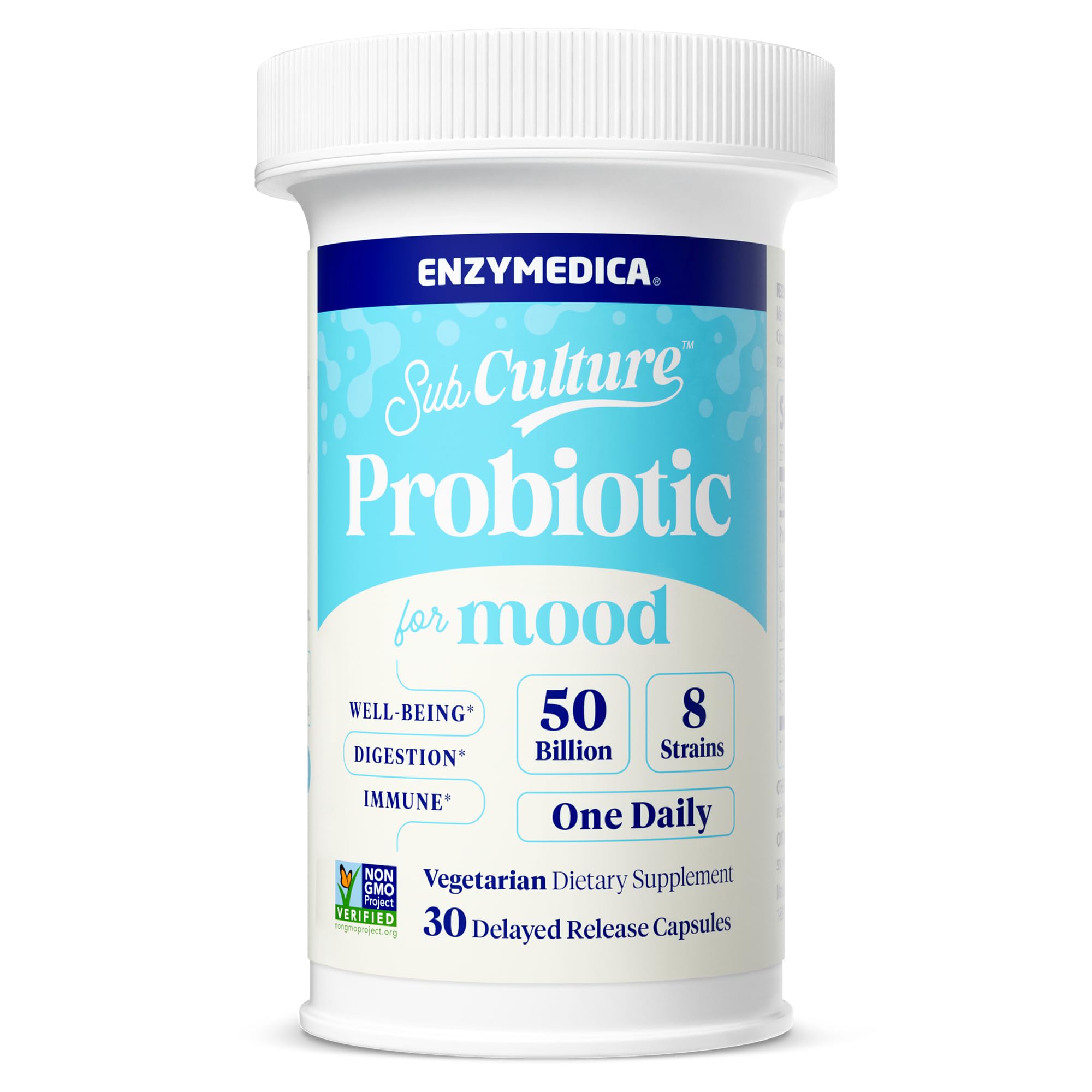 Enzymedica SubCulture Probiotiques, bouteille montrant les capsules, soutien potentiel de l'humeur et de la détente.