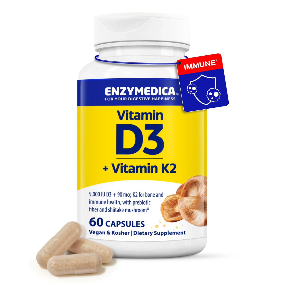Enzymedica D3 K2 en bouteille de 60 capsules, soutien potentiel des os et de l'immunité.