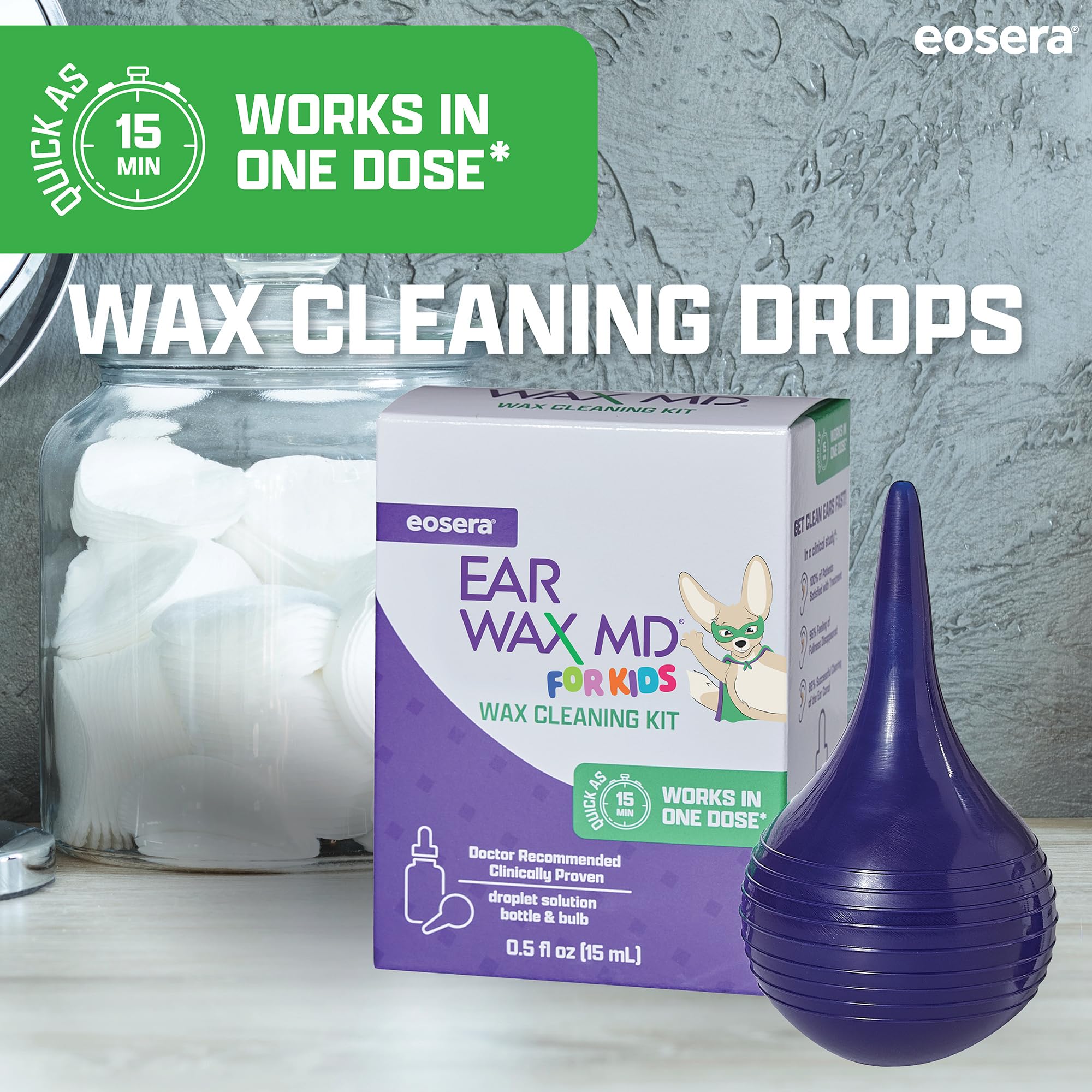 Solution sans coton-tige associée au rinçage du kit eosera Ear Wax MD.