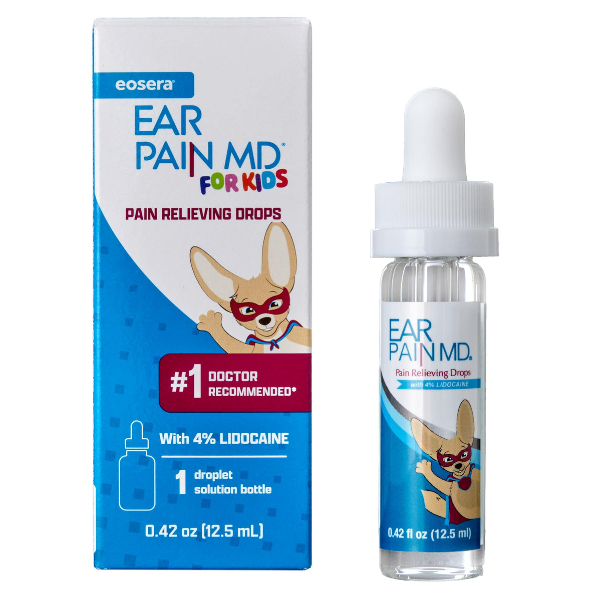 Gouttes Eosera Ear Pain MD dans une bouteille pour soulager les douleurs d oreille chez les enfants.