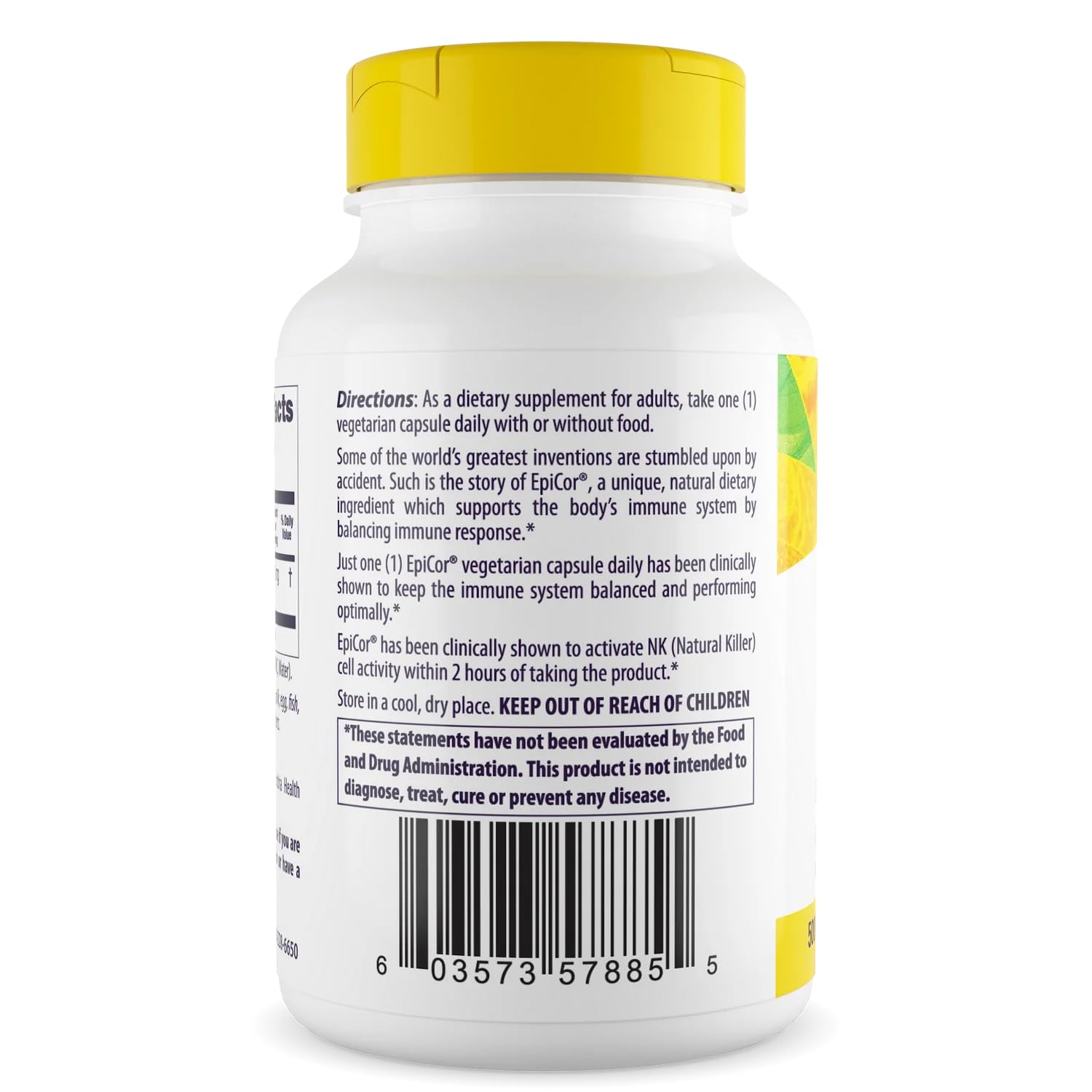 EpiCor 500 mg – gros plan sur capsules et bouchon, promesse de bien-être.