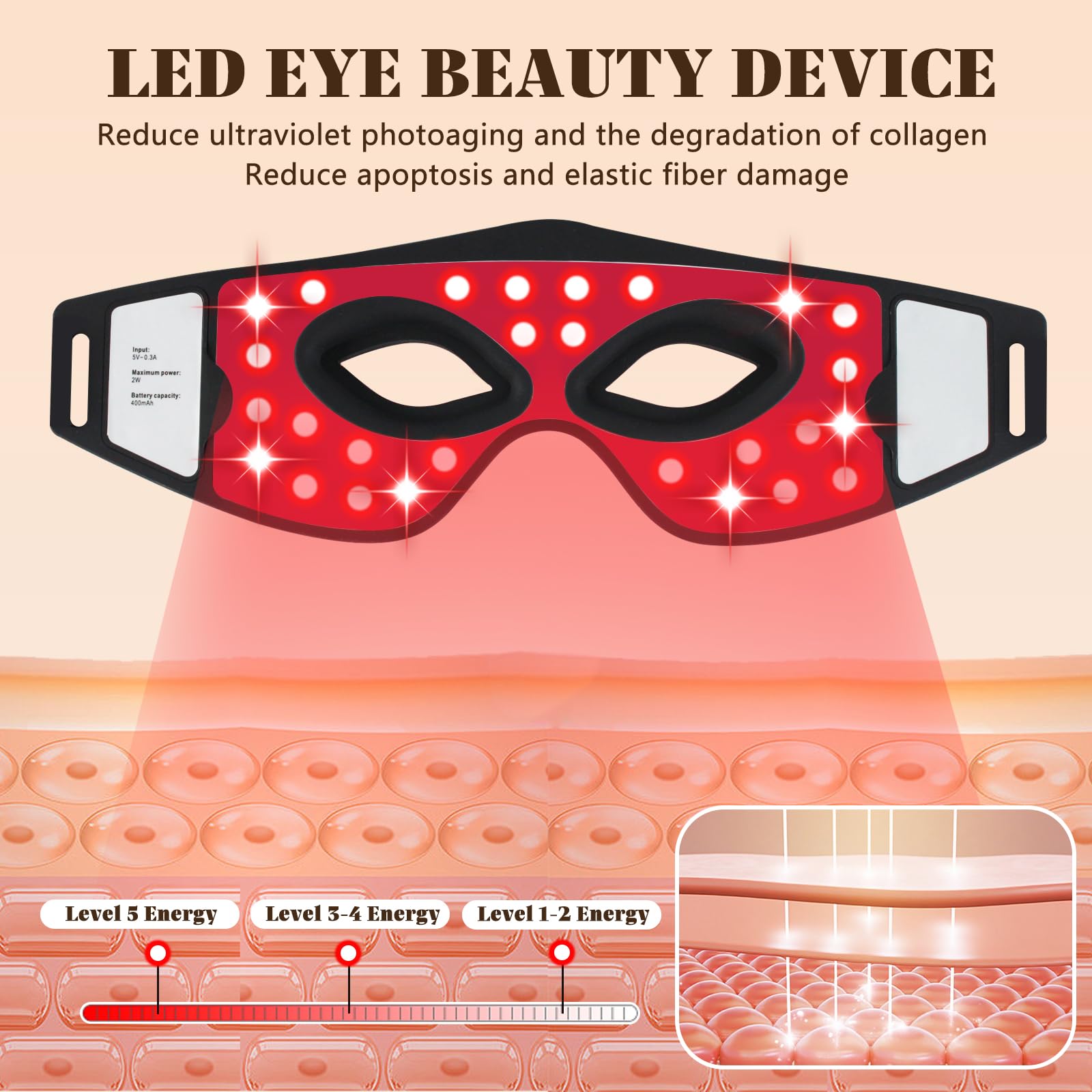 Epinuo masque yeux LED 5 niveaux, mode doux à mode élevé pour tous types de peau.