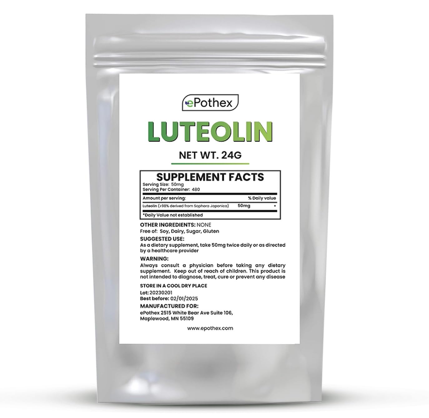 ePothex Poudre de luteolin dans flacon, pureté garantie et sans additifs
