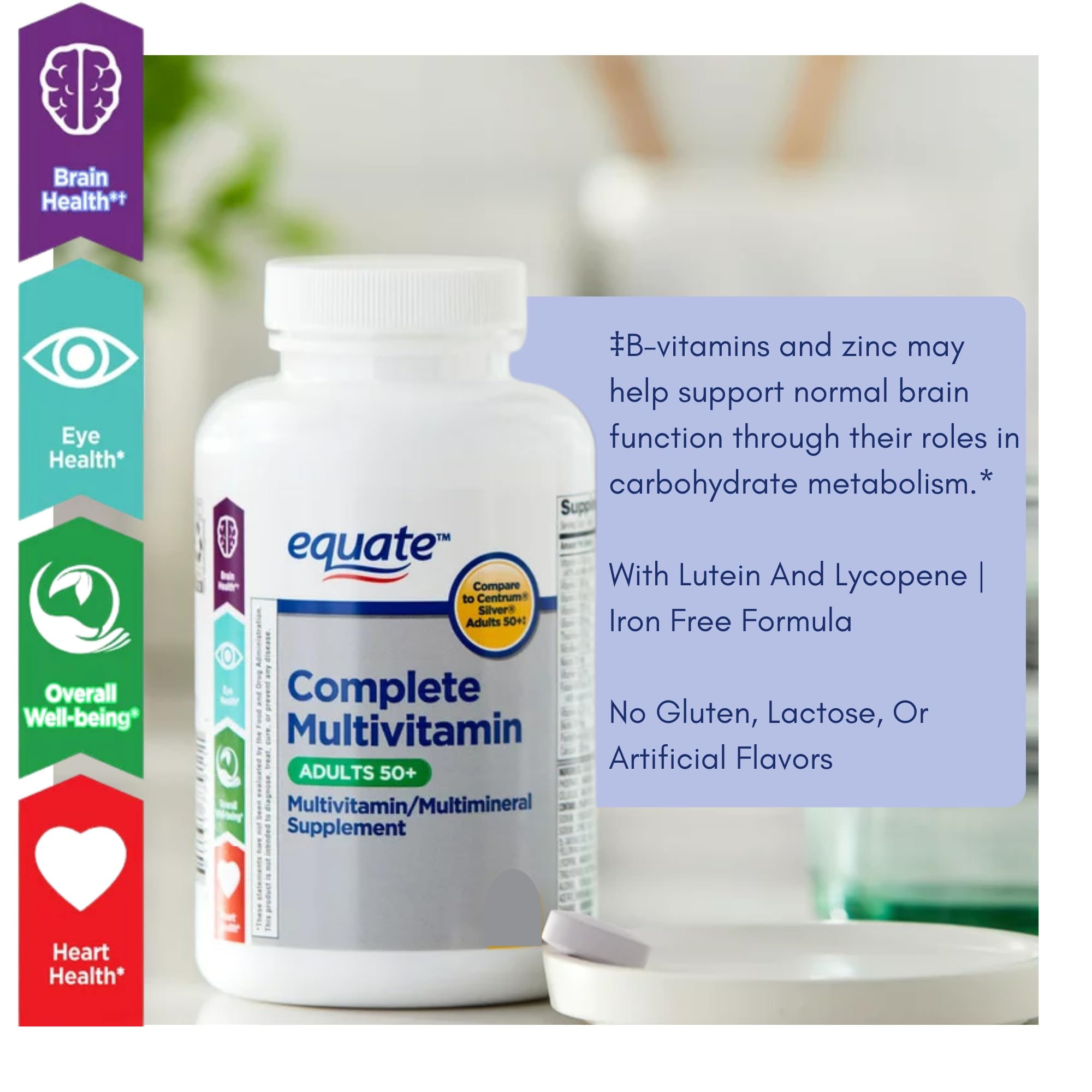 Equate 50+ étiquette: informations claires sur les ingrédients et l apport.
