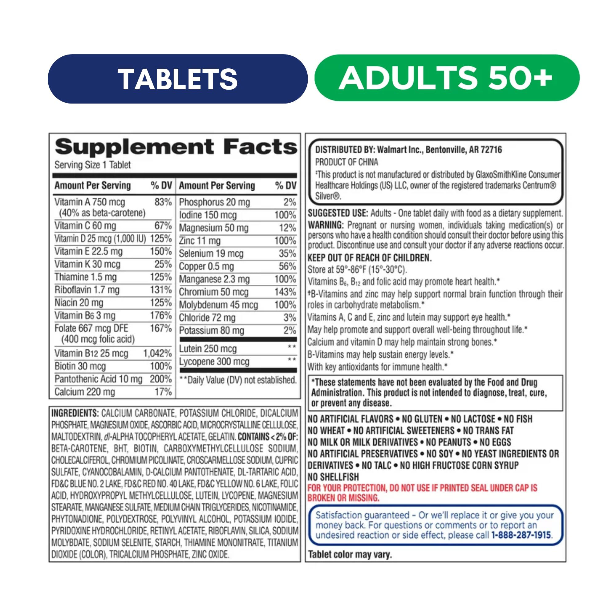 Equate 50+ fiche nutrition: détails sur les vitamines et minéraux.