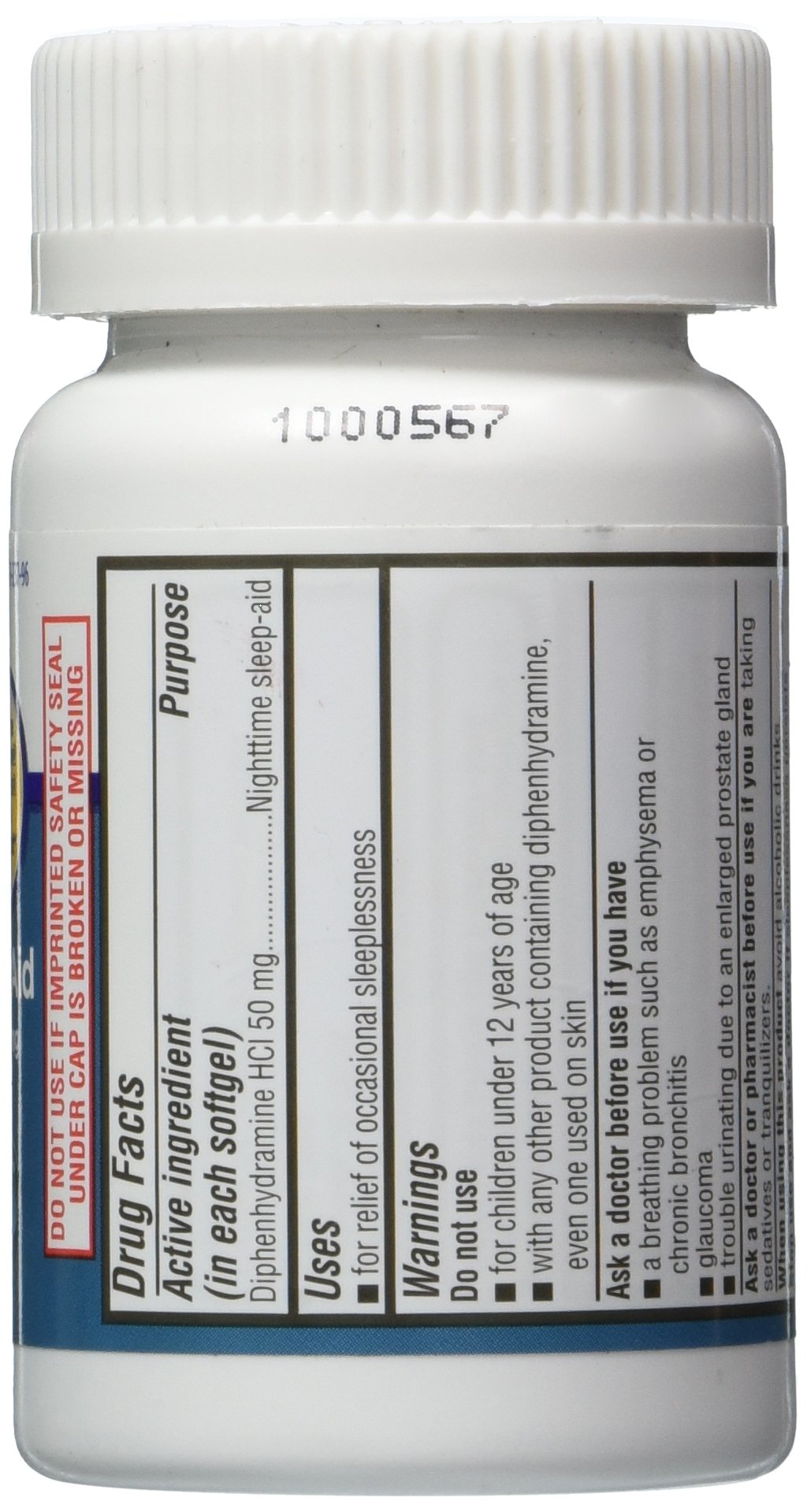 Equate aide-sommeil 50 mg capsules molles utilisation nocturne pour des nuits paisibles.